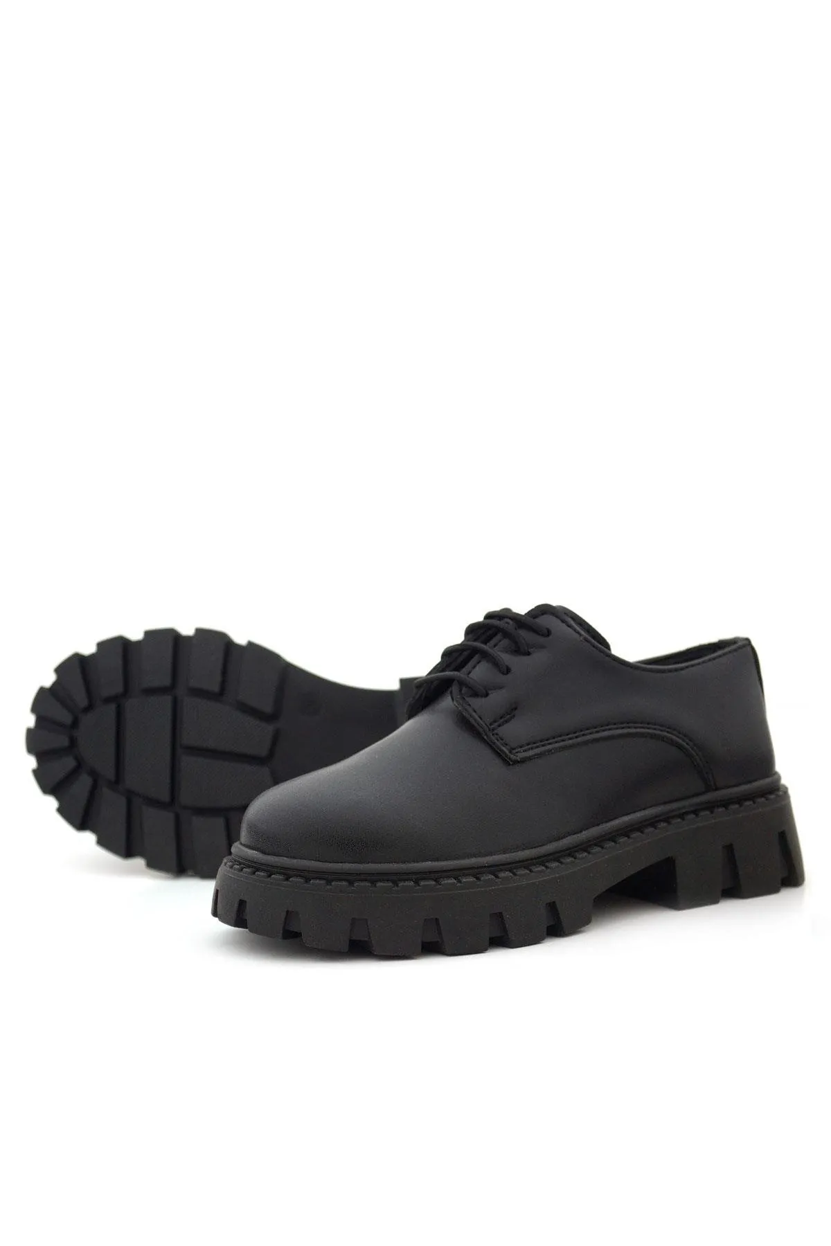 Siyah Mat Bağcıklı Kız Çocuk Oxford Okul Ayakkabı