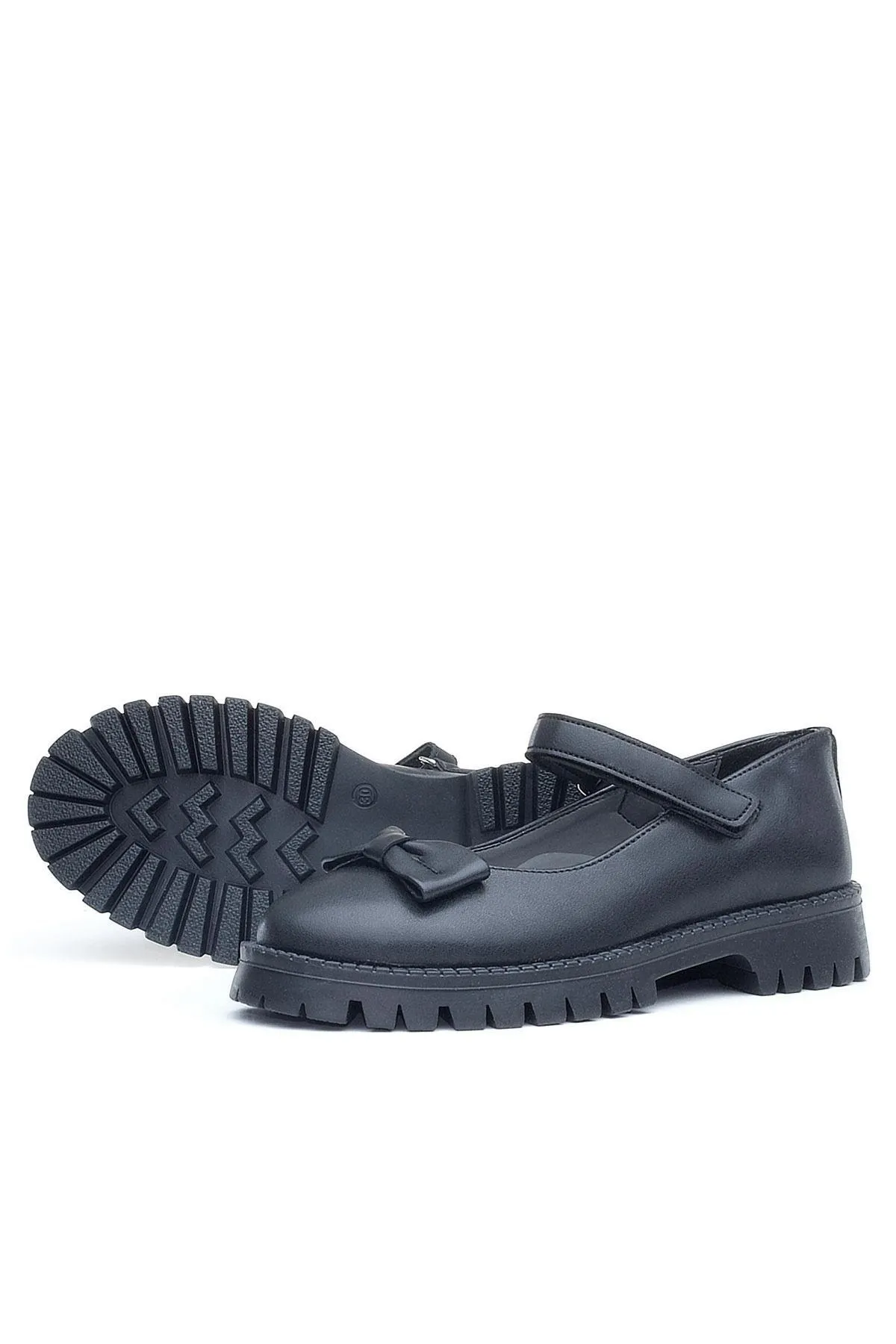 Siyah Mat Kalın Tabanlı Cırtlı Kız Çocuk Babet