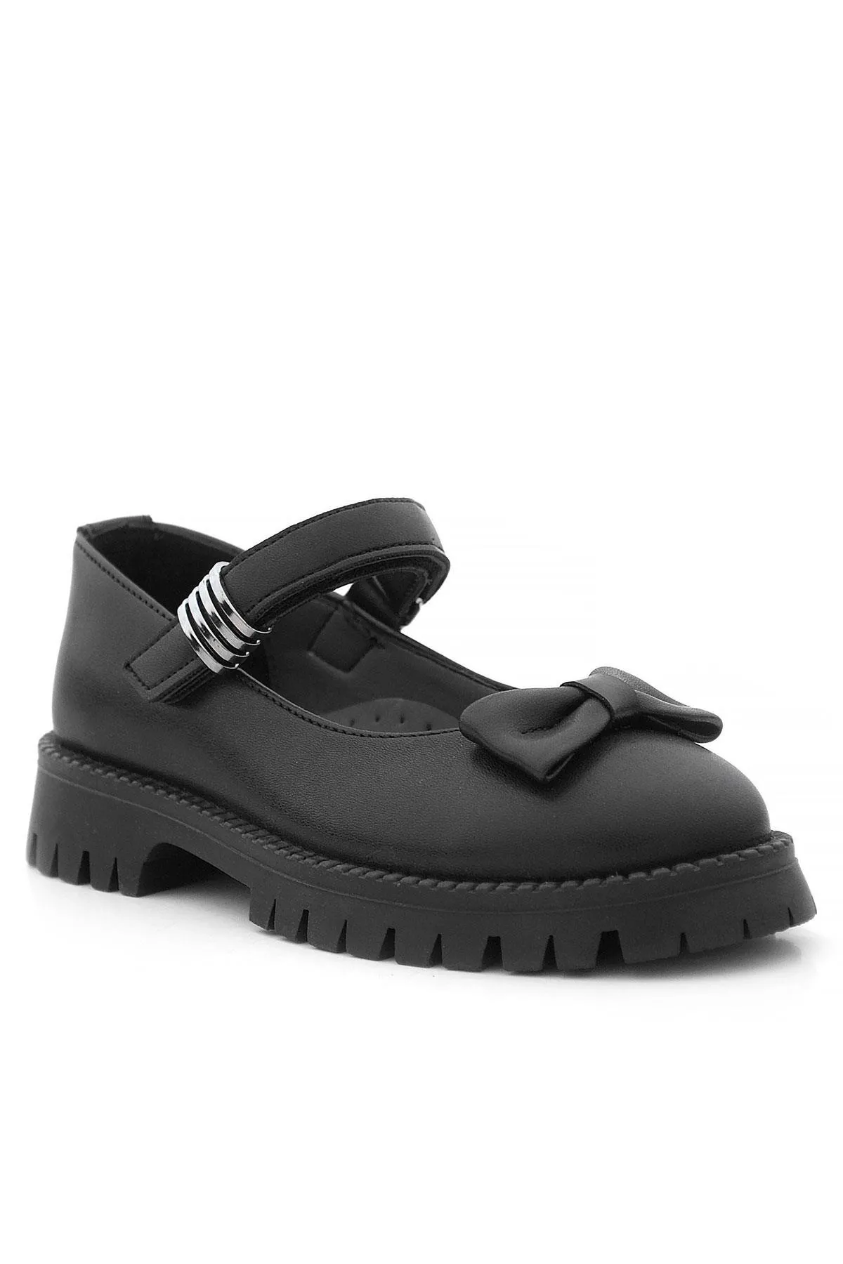 Siyah Mat Kalın Tabanlı Metal Detaylı Cırtlı Kız Çocuk Babet