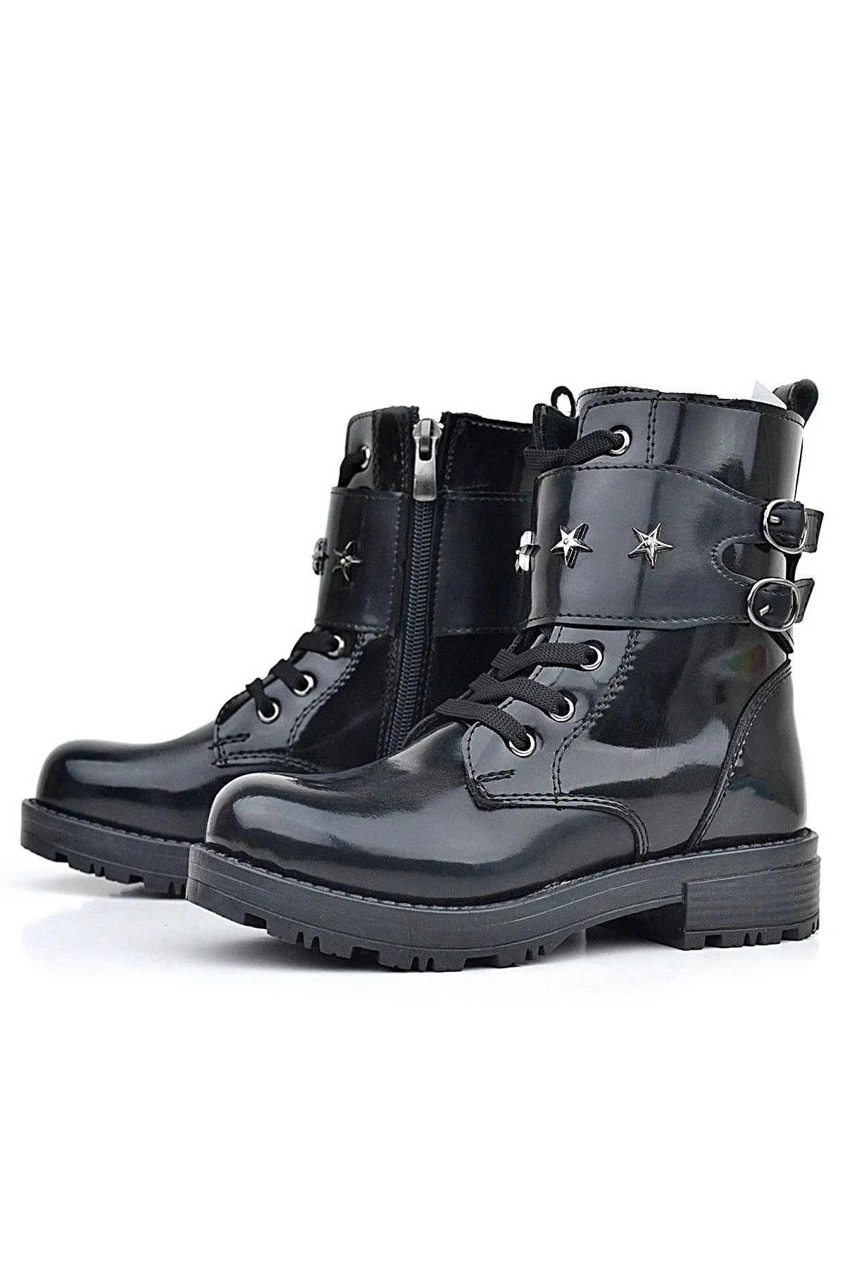 Siyah Rugan Bağcıklı Fermuarlı Yıldız Detaylı Kız Çocuk Bot