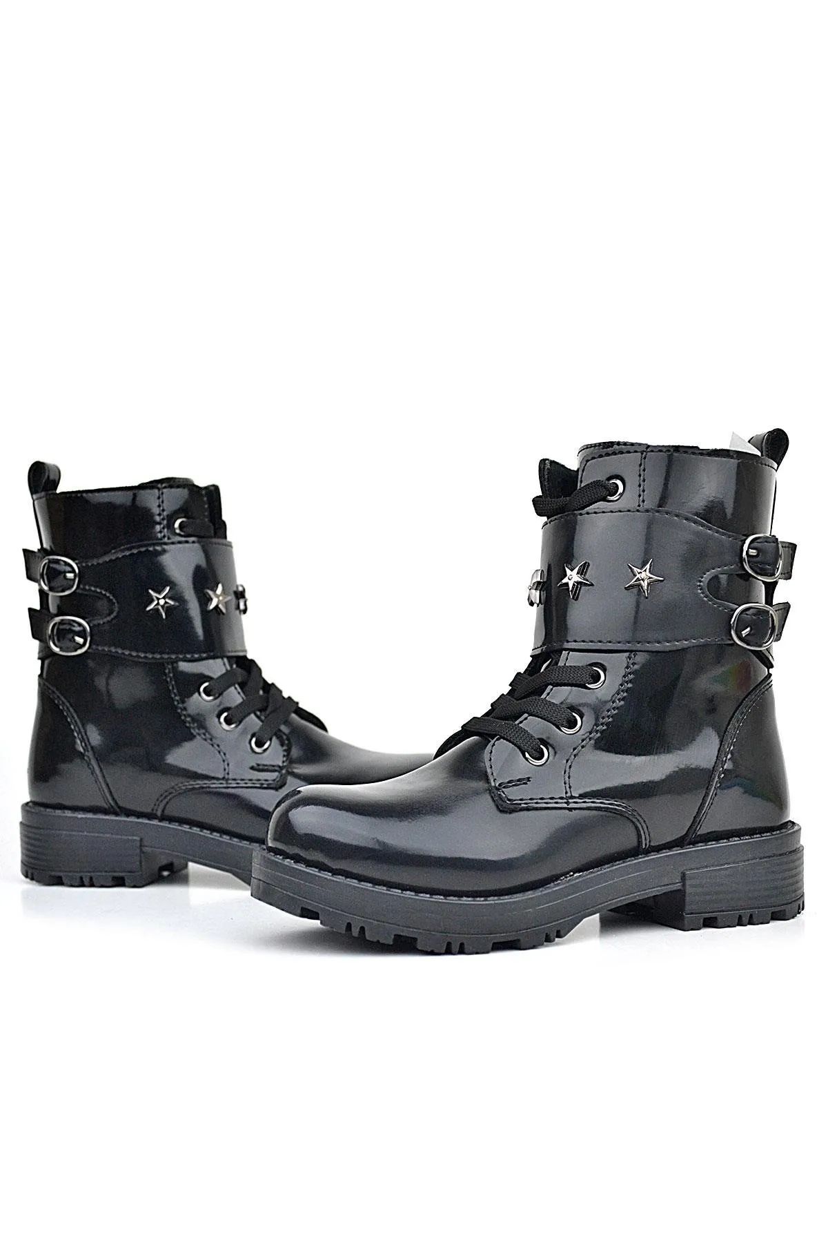 Siyah Rugan Bağcıklı Fermuarlı Yıldız Detaylı Kız Çocuk Bot