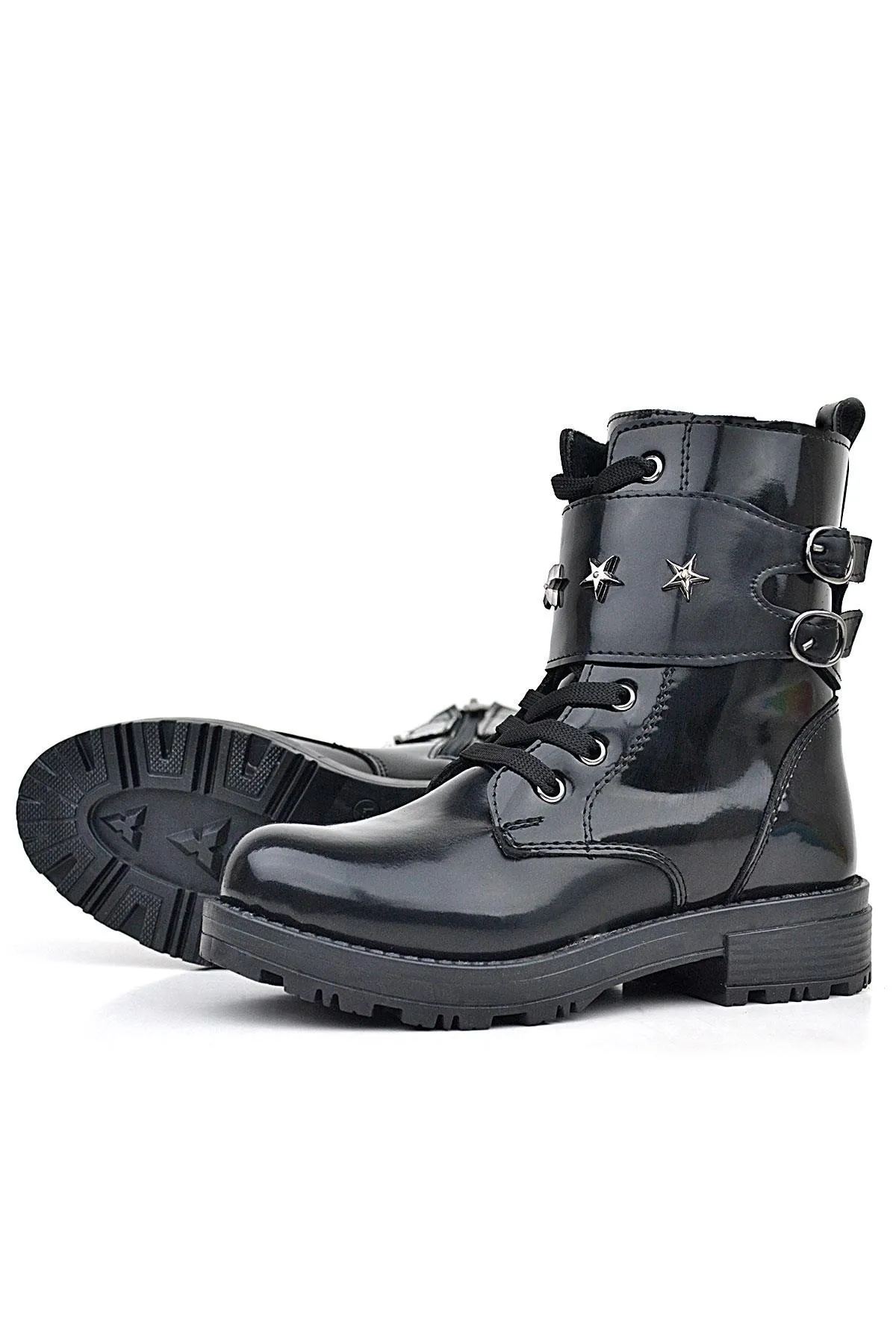 Siyah Rugan Bağcıklı Fermuarlı Yıldız Detaylı Kız Çocuk Bot