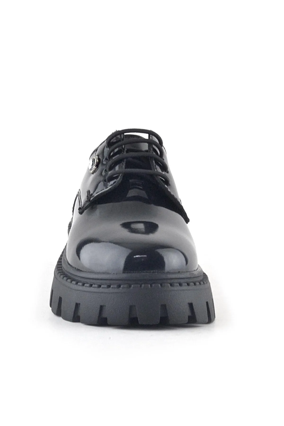 Siyah Rugan Bağcıklı Kız Çocuk Taş Detaylı Okul Ayakkabı