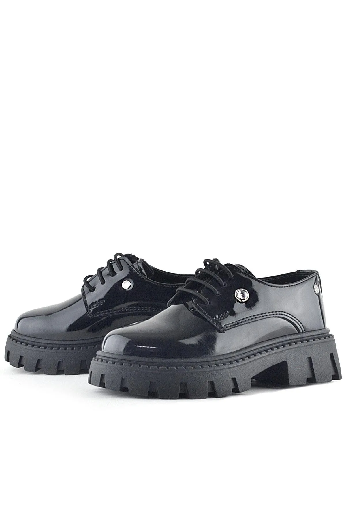 Siyah Rugan Bağcıklı Kız Çocuk Taş Detaylı Okul Ayakkabı