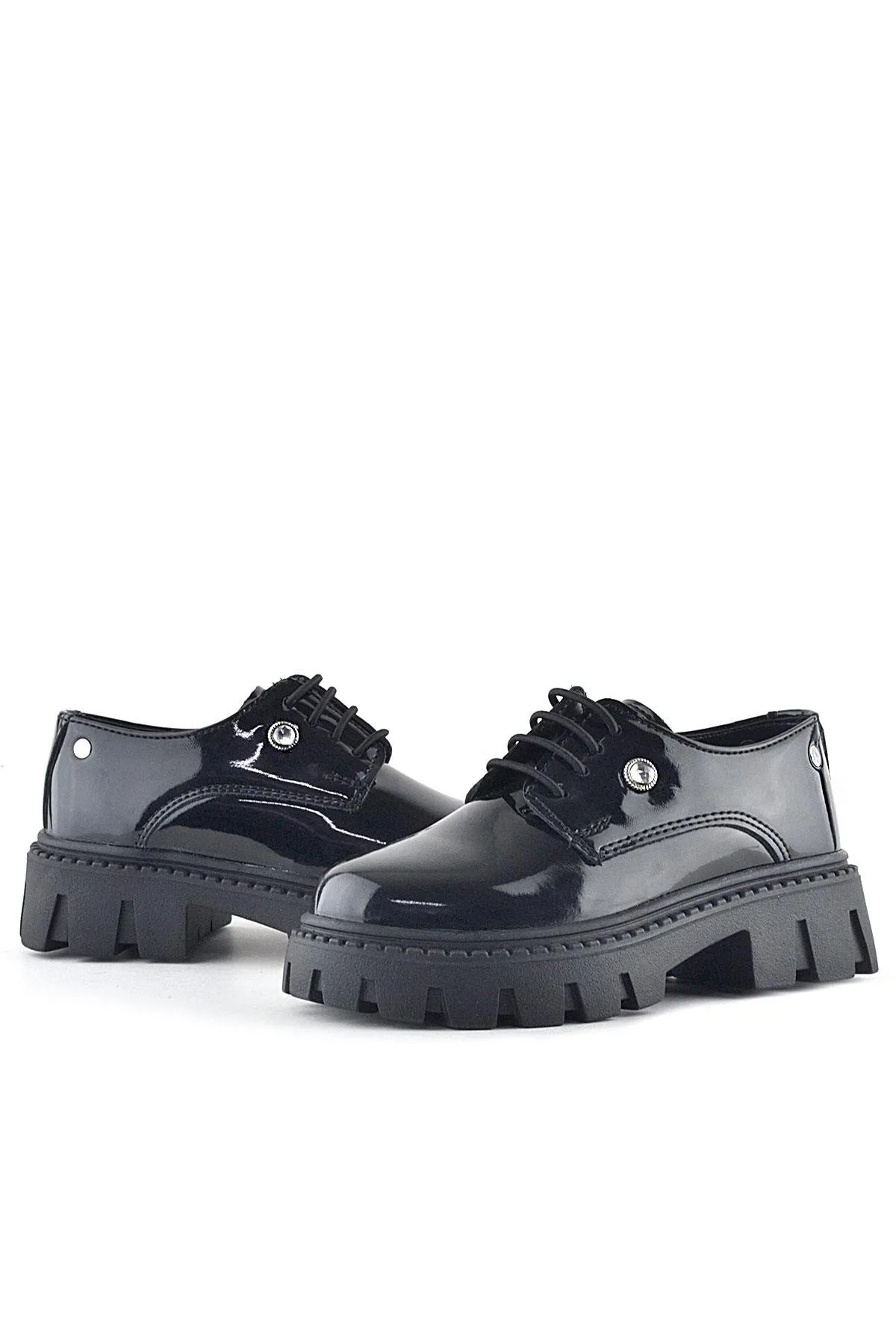Siyah Rugan Bağcıklı Kız Çocuk Taş Detaylı Okul Ayakkabı