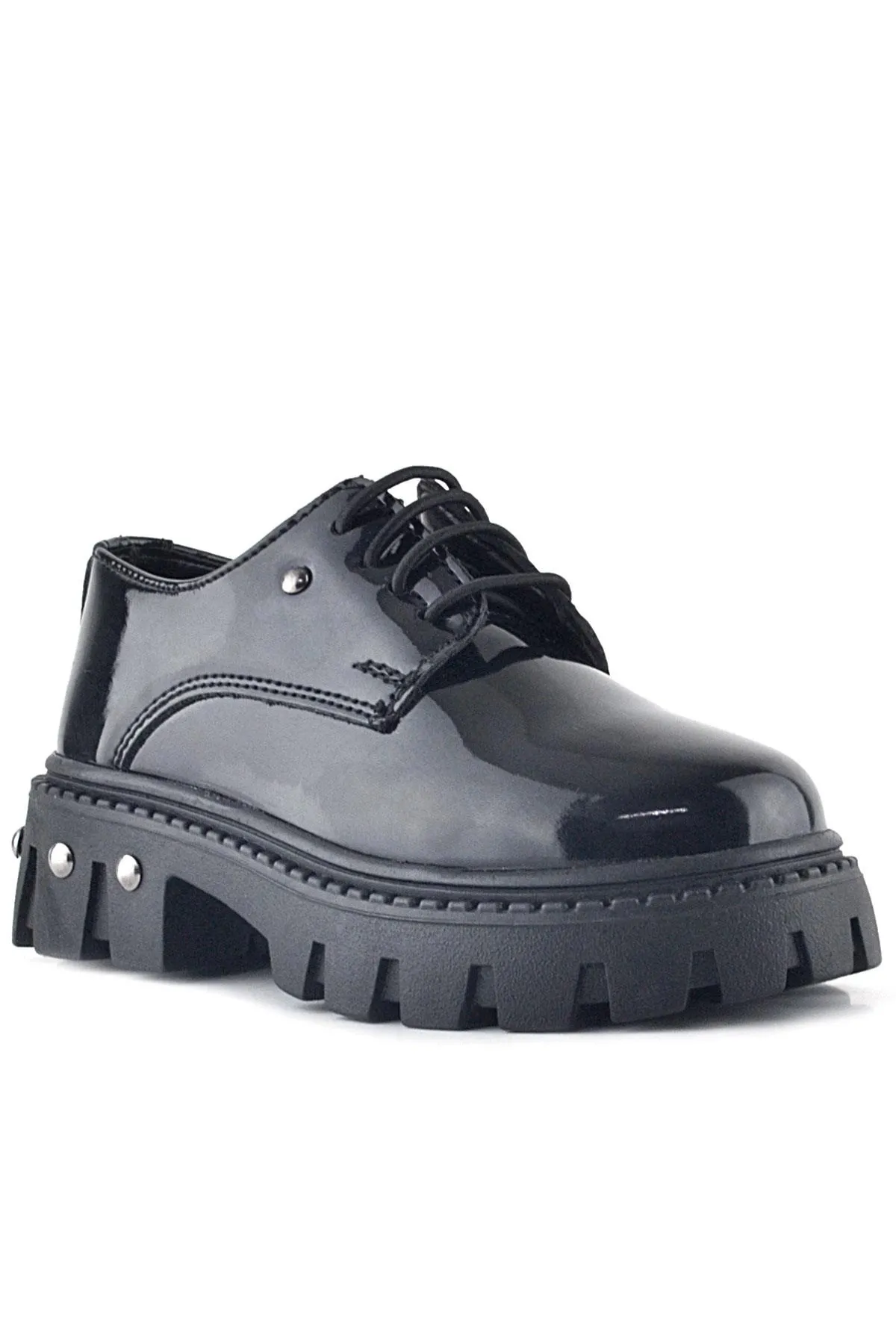 Siyah Rugan Bağcıklı Metal Detaylı Kız Çocuk Oxford Günlük Ayakkabı