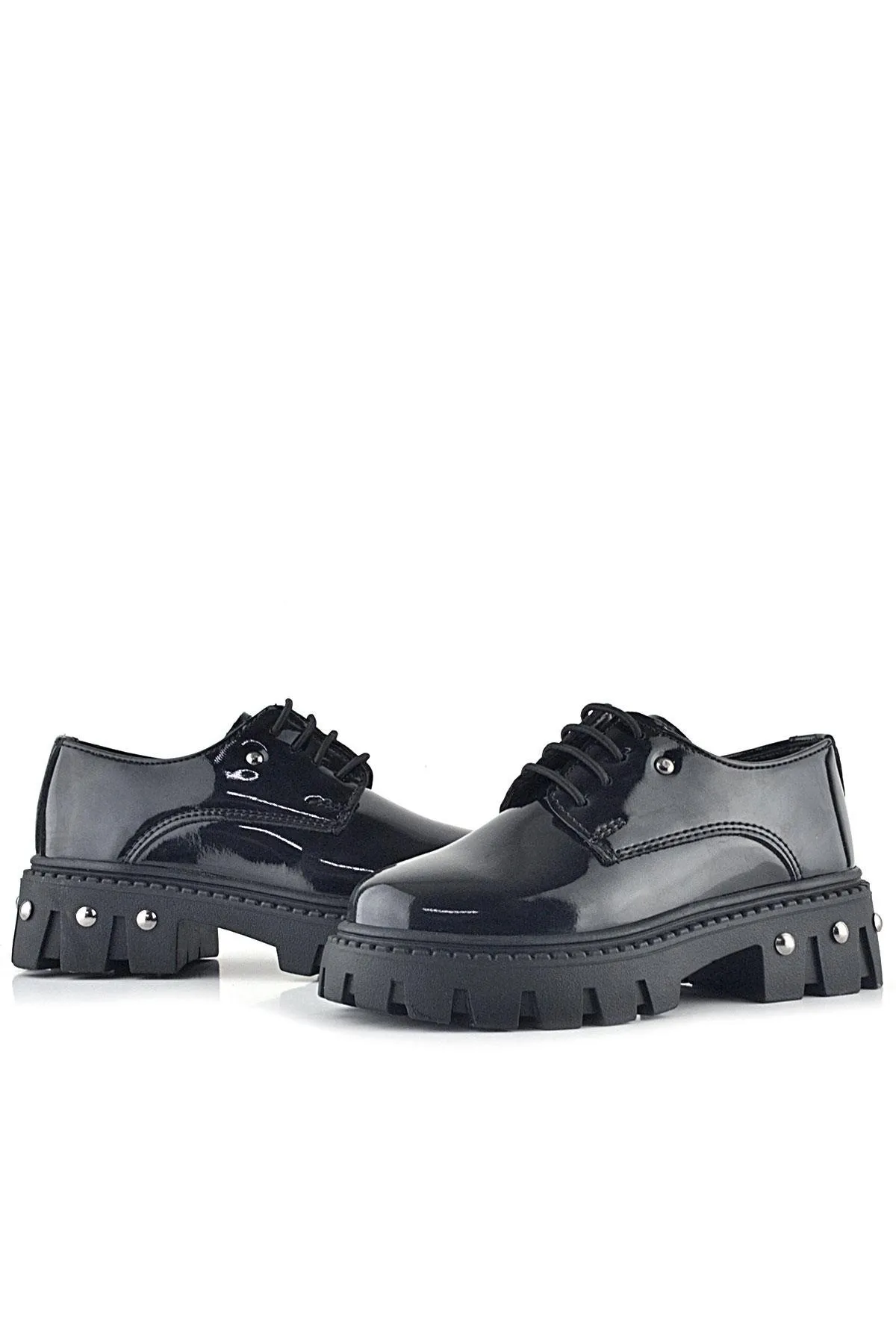 Siyah Rugan Bağcıklı Metal Detaylı Kız Çocuk Oxford Günlük Ayakkabı
