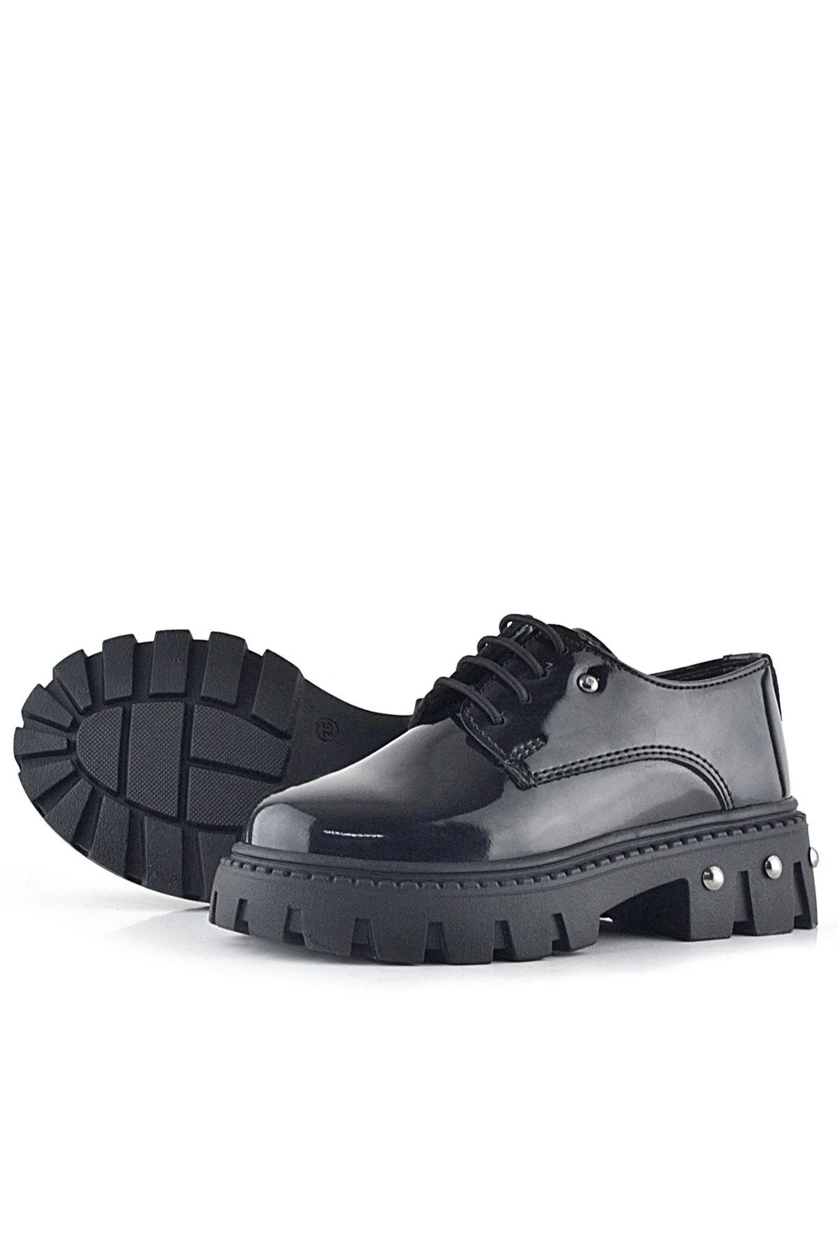 Siyah Rugan Bağcıklı Metal Detaylı Kız Çocuk Oxford Günlük Ayakkabı