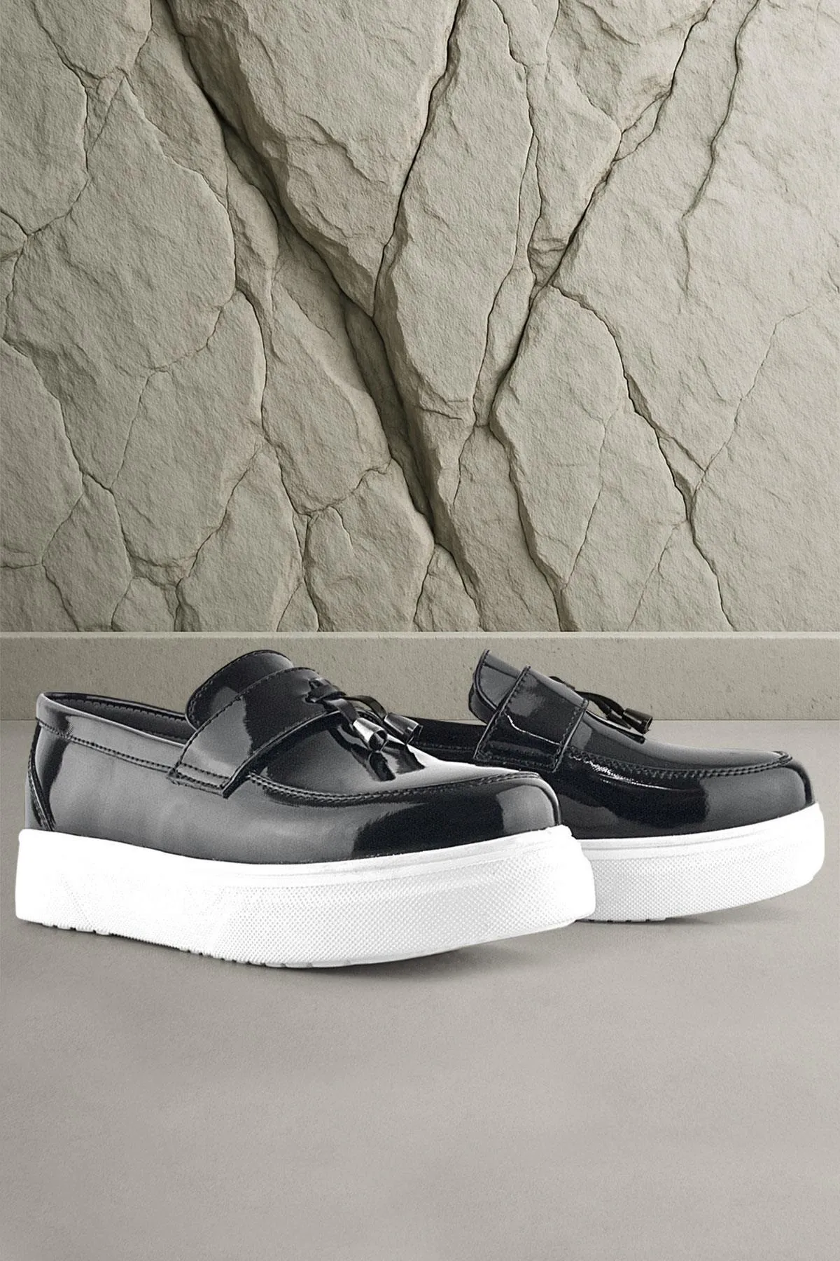 Siyah Rugan Beyaz Taban Loafer Klasik Çocuk Ayakkabısı