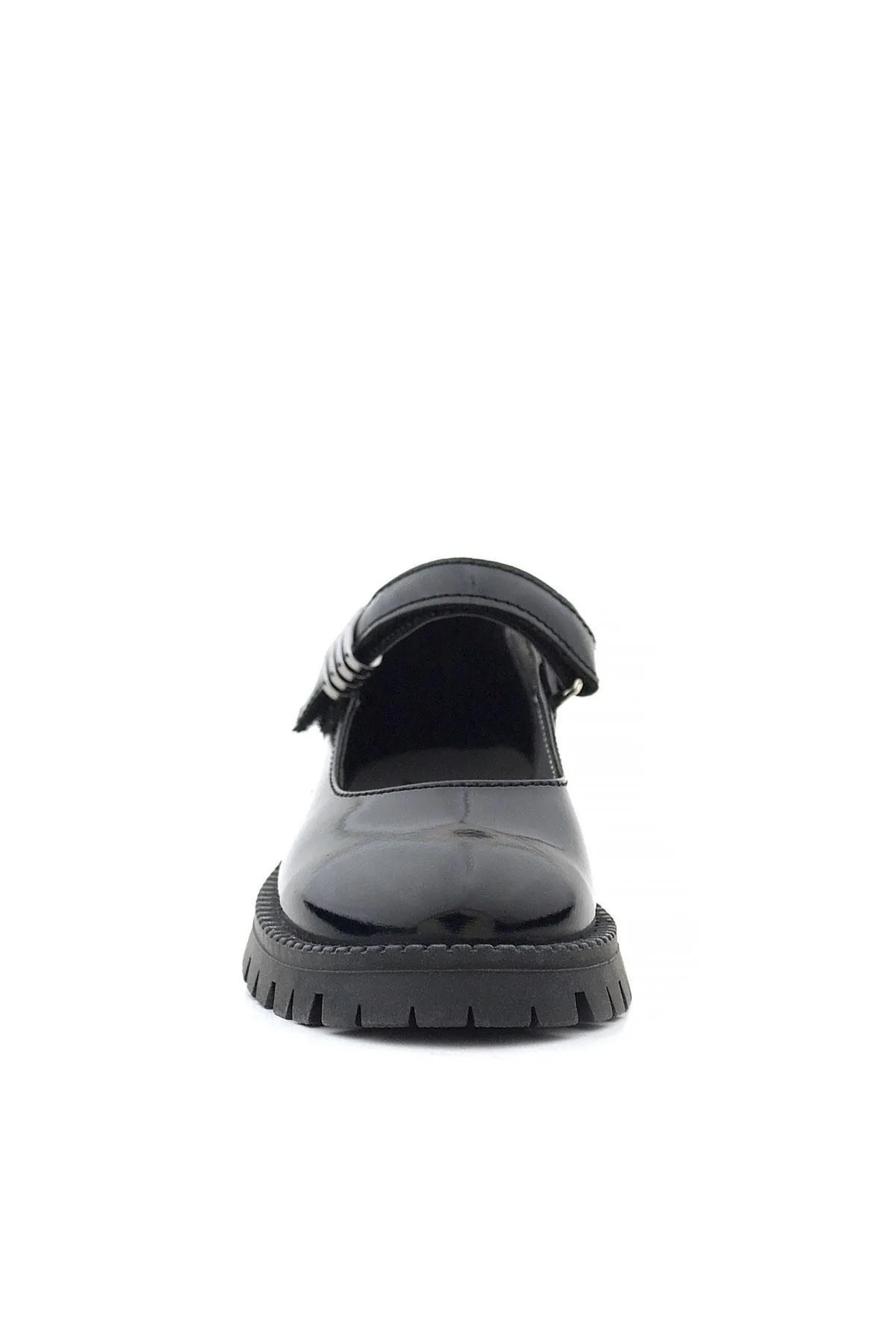 Siyah Rugan Cırtlı Kalın Tabanlı Metal Detaylı Kız Çocuk Okul Ayakkabısı