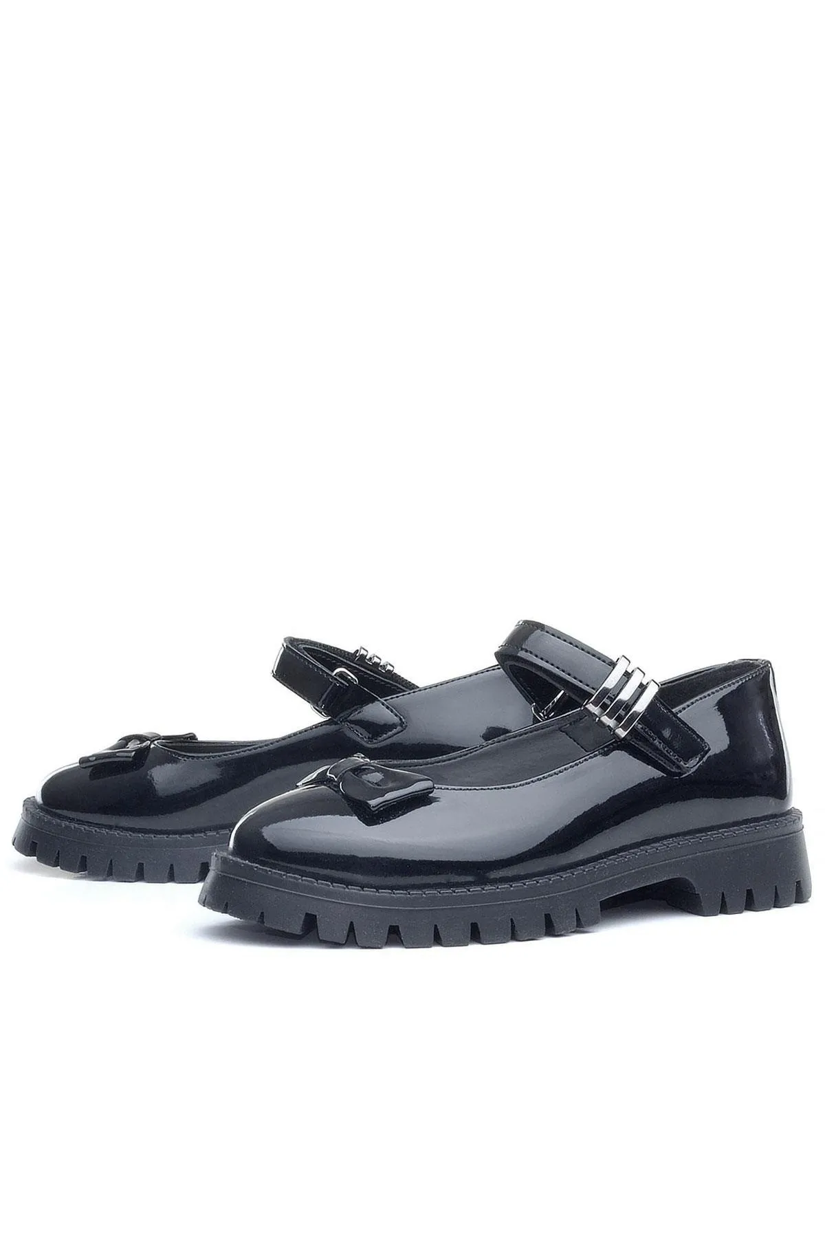 Siyah Rugan Kalın Tabanlı Cırtlı Kız Çocuk Babet Okul Ayakkabı