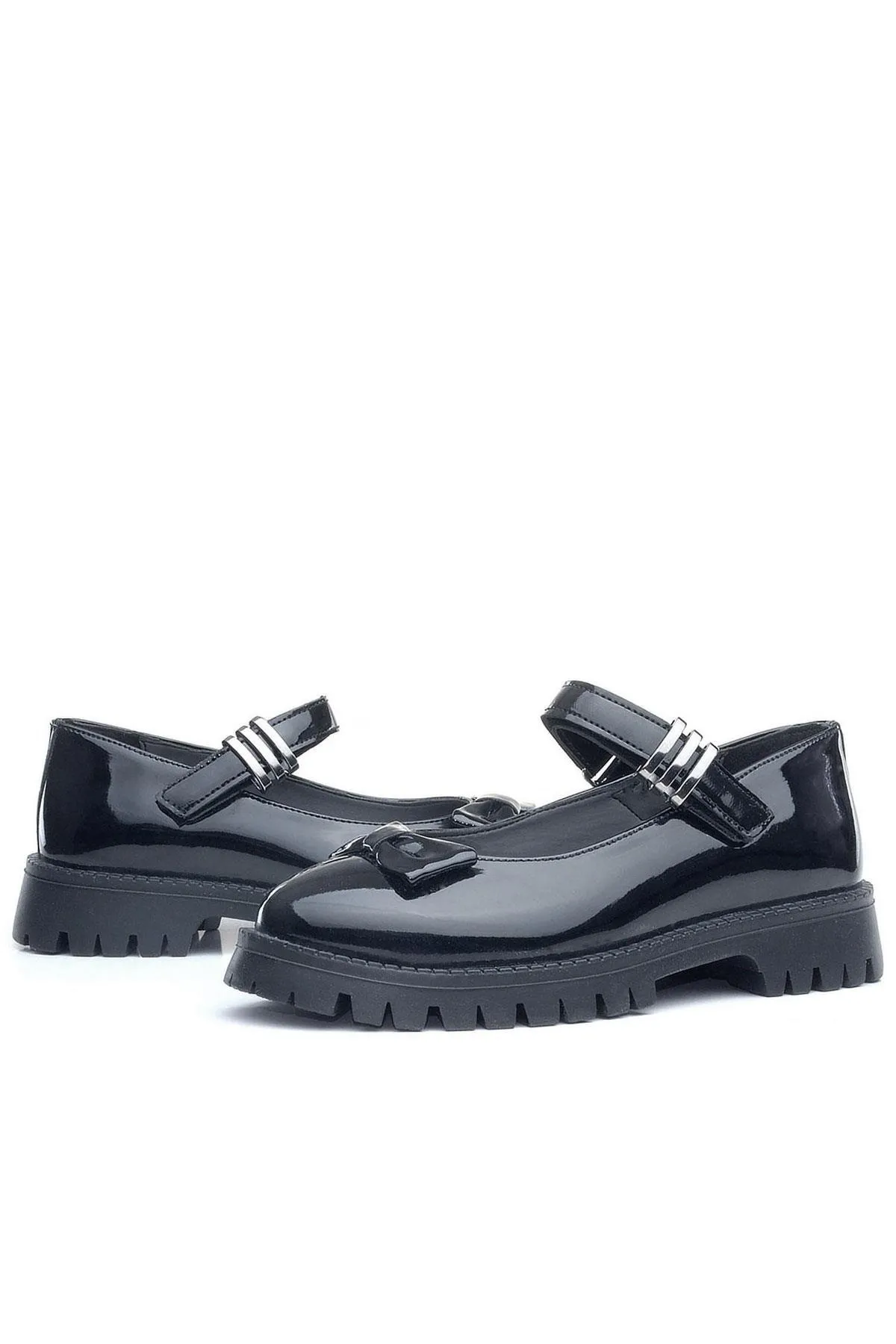 Siyah Rugan Kalın Tabanlı Cırtlı Kız Çocuk Babet Okul Ayakkabı