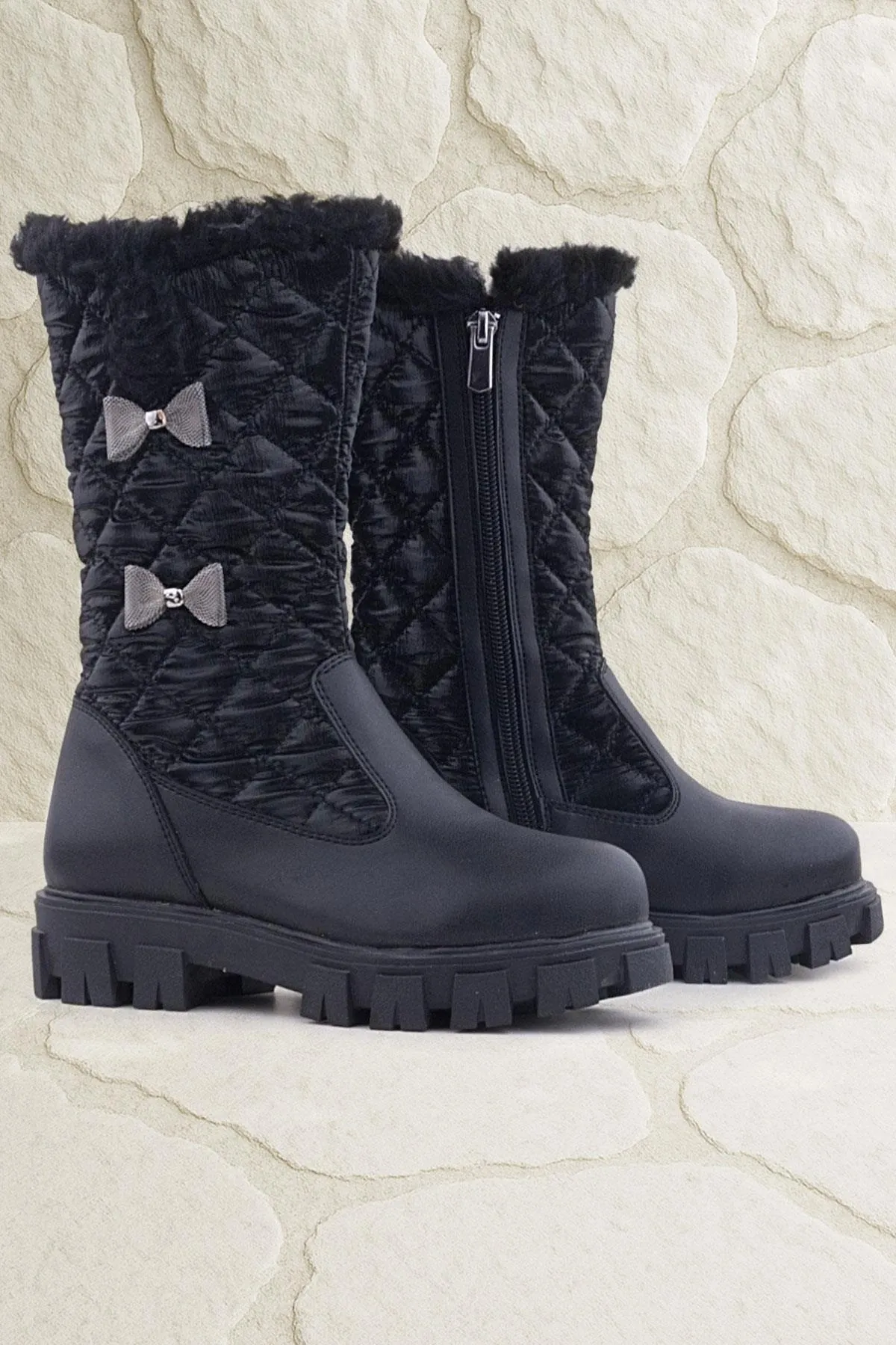 Siyah Uzun Fermuarlı Kurdeleli Kız Çocuk Yağmur Çizmesi