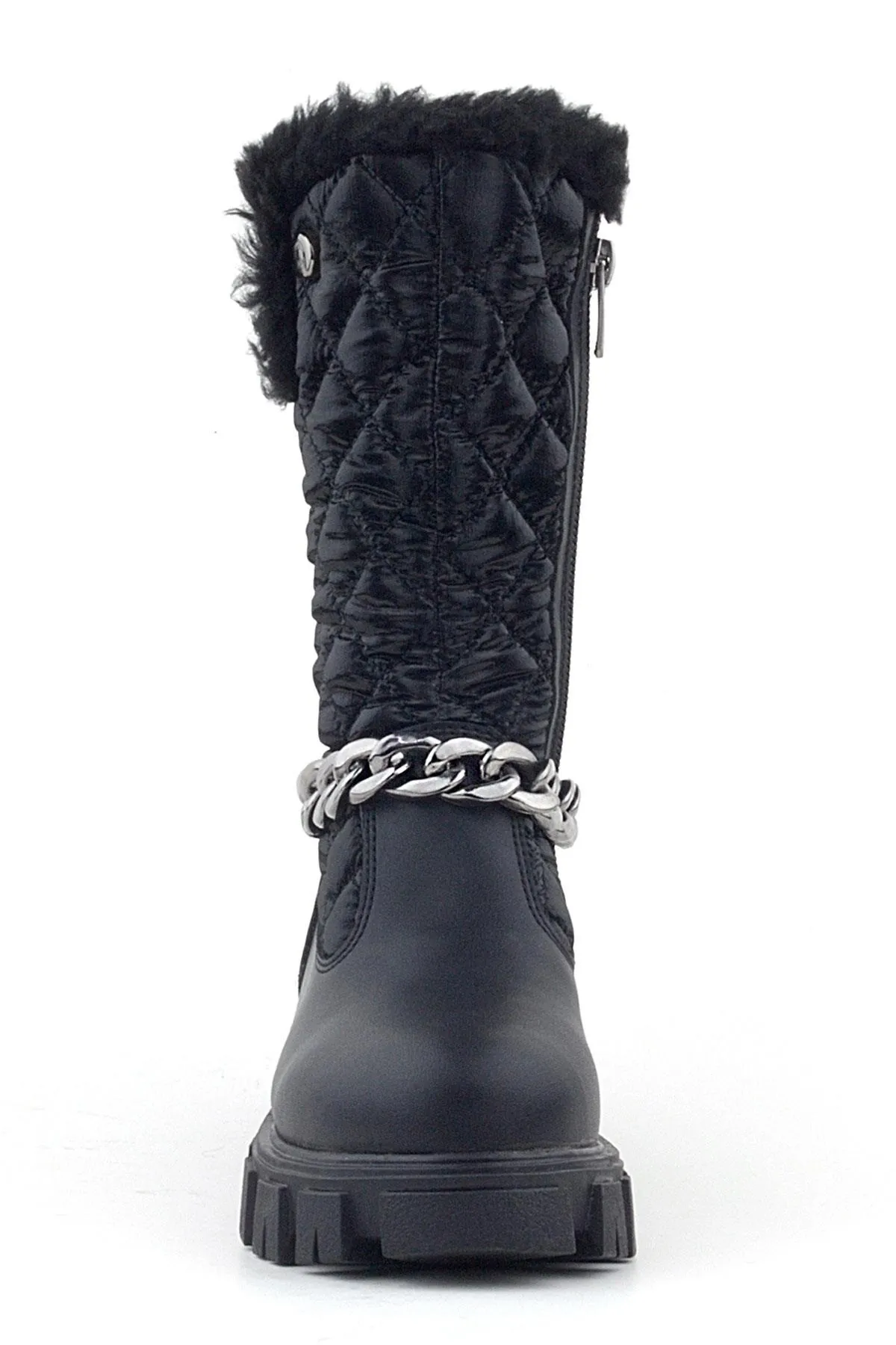 Siyah Uzun Fermuarlı Zincir Detaylı Kız Çocuk Yağmur Çizmesi