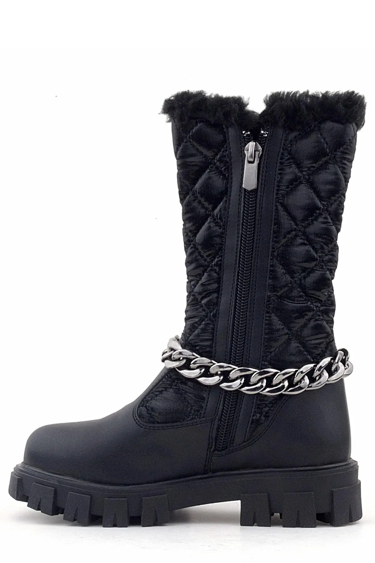 Siyah Uzun Fermuarlı Zincir Detaylı Kız Çocuk Yağmur Çizmesi