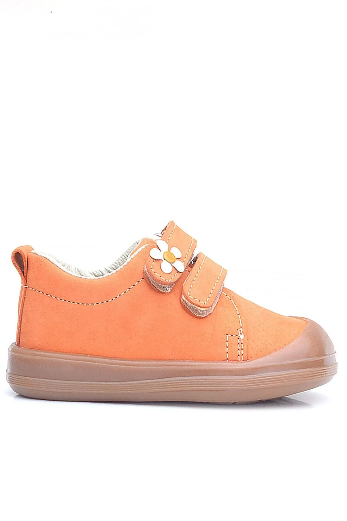 Sonic Hakiki Deri Turuncu Cırtlı Çiçekli Kız Bebek Sneaker Ayakkabı