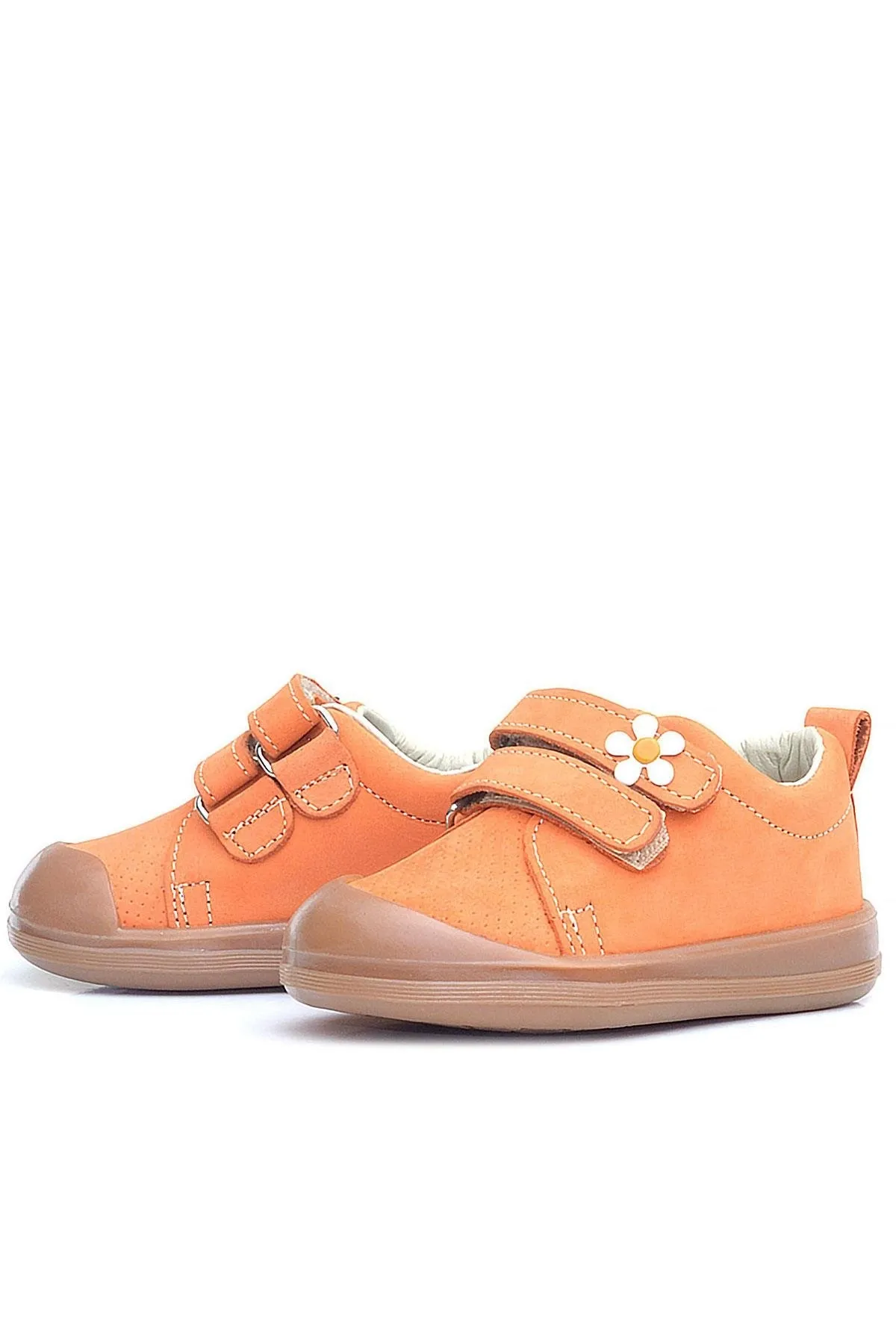 Sonic Hakiki Deri Turuncu Cırtlı Çiçekli Kız Bebek Sneaker Ayakkabı