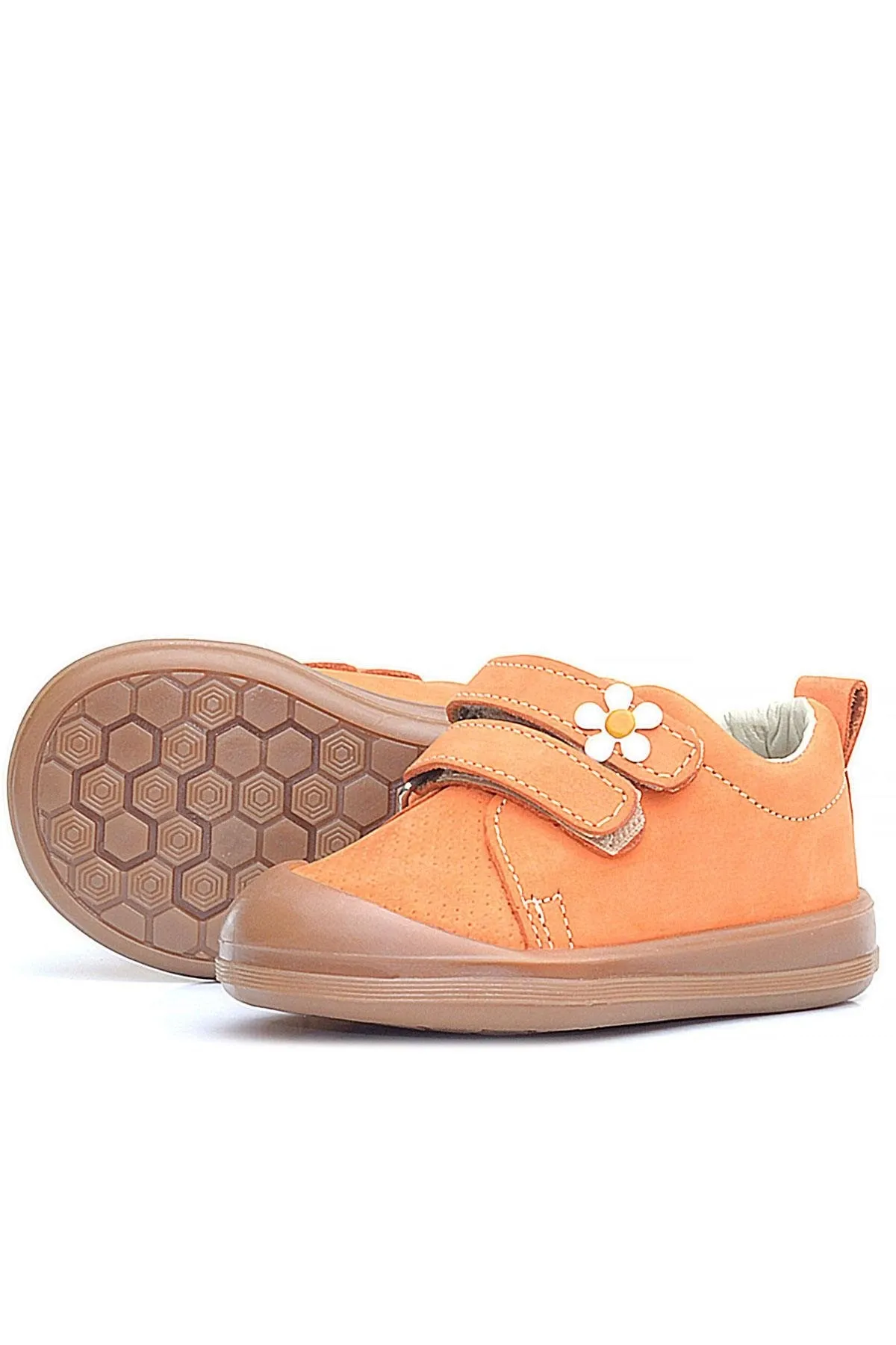 Sonic Hakiki Deri Turuncu Cırtlı Çiçekli Kız Bebek Sneaker Ayakkabı