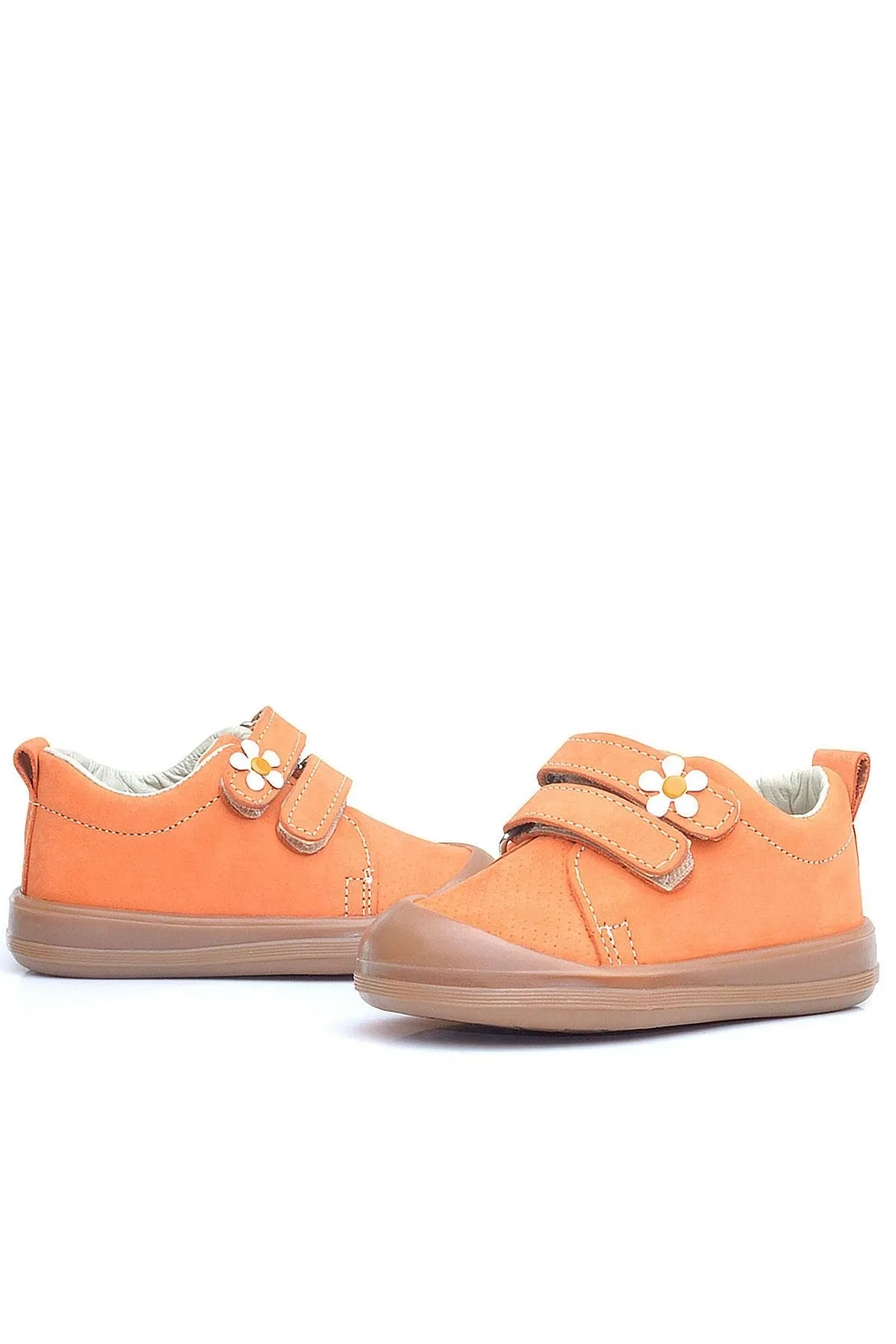 Sonic Hakiki Deri Turuncu Cırtlı Çiçekli Kız Bebek Sneaker Ayakkabı