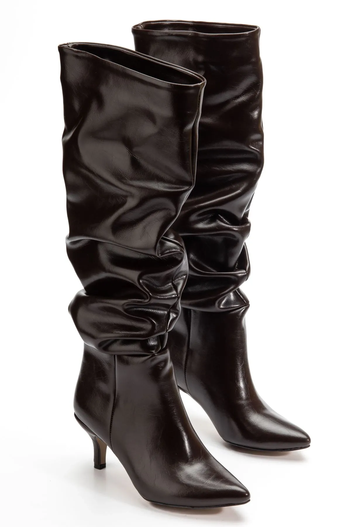 Sr-2001 Kahverengi Kırışık Rugan İnce Topuklu Günlük Bayan Çizme