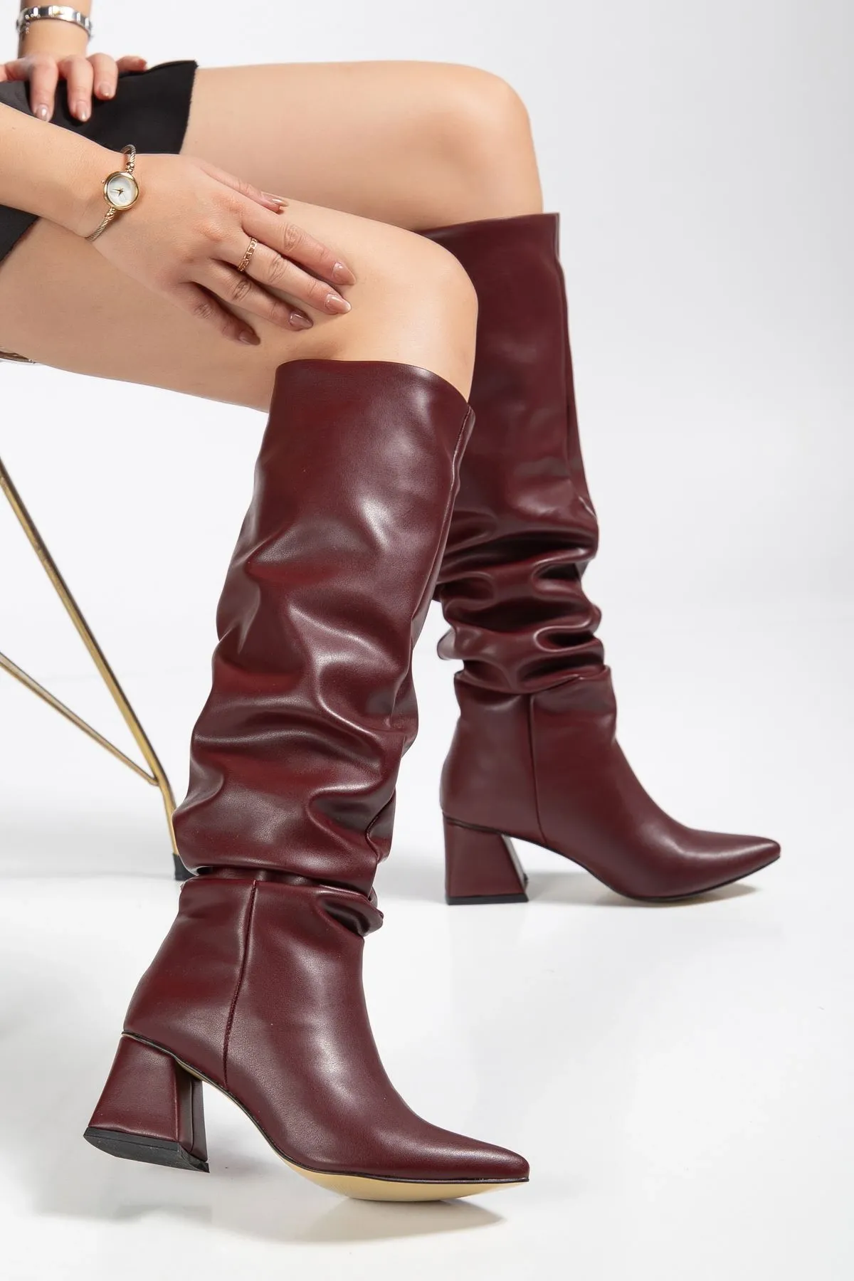 Syt-2002 Bordo Cilt  Körüklü Kalın Topuklu Günlük Bayan Çizme