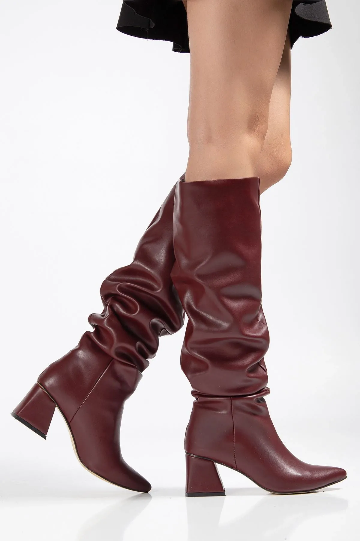 Syt-2002 Bordo Cilt  Körüklü Kalın Topuklu Günlük Bayan Çizme