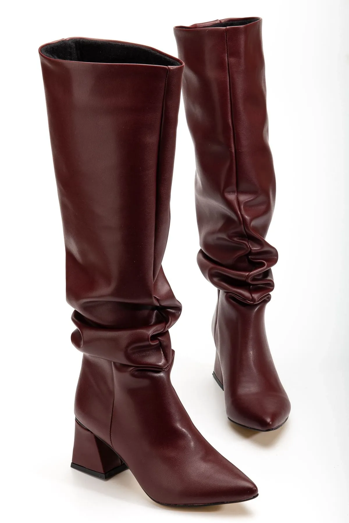 Syt-2002 Bordo Cilt  Körüklü Kalın Topuklu Günlük Bayan Çizme