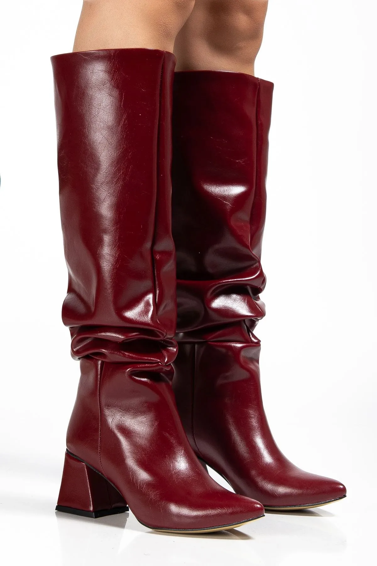 Syt-2002 Bordo Kırışık Rugan Körüklü Kalın Topuklu Günlük Bayan Çizme