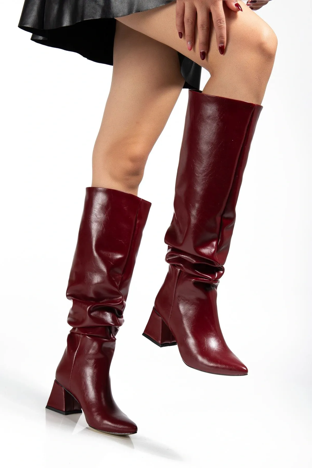 Syt-2002 Bordo Kırışık Rugan Körüklü Kalın Topuklu Günlük Bayan Çizme