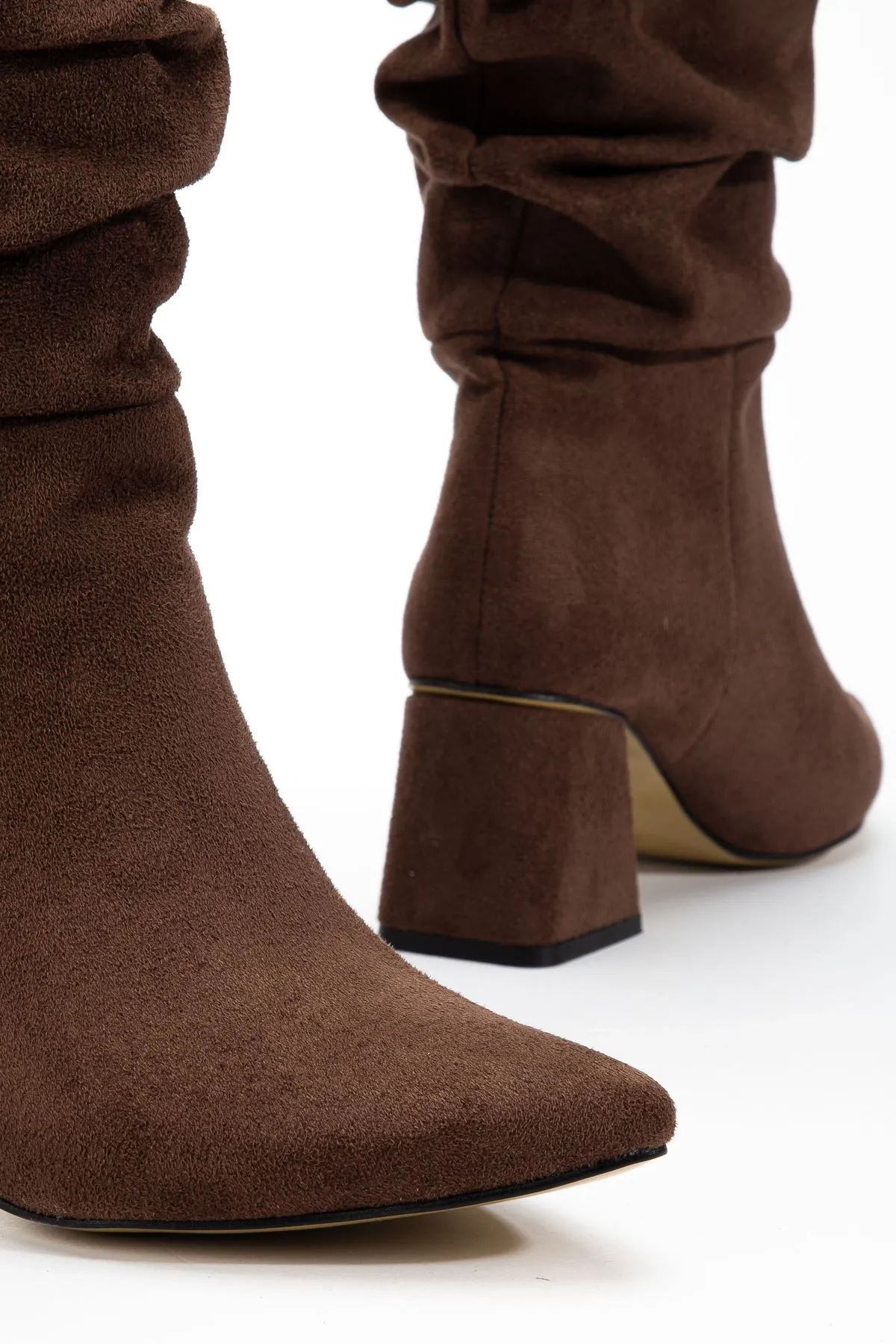 Syt-2002 Kahve Süet Körüklü Kalın Topuklu Günlük Bayan Çizme