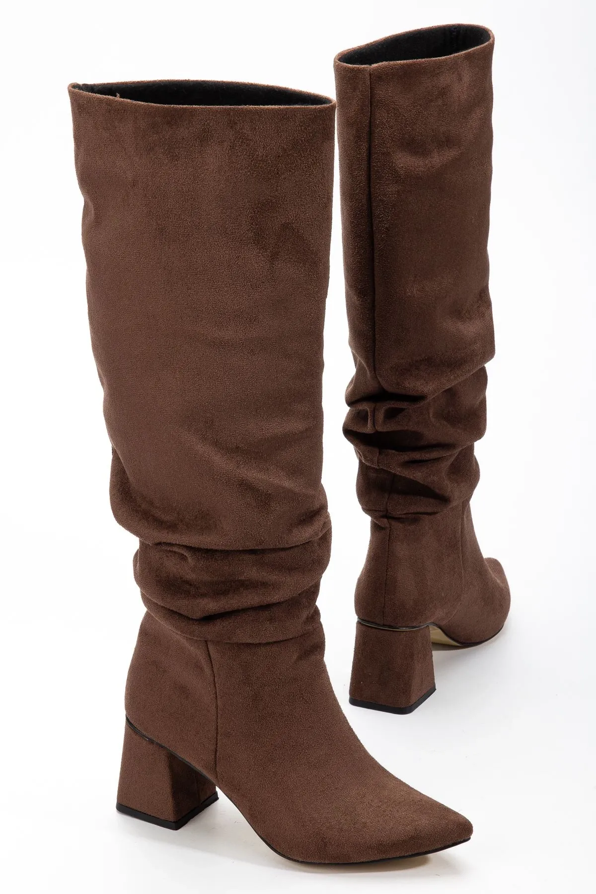 Syt-2002 Kahve Süet Körüklü Kalın Topuklu Günlük Bayan Çizme