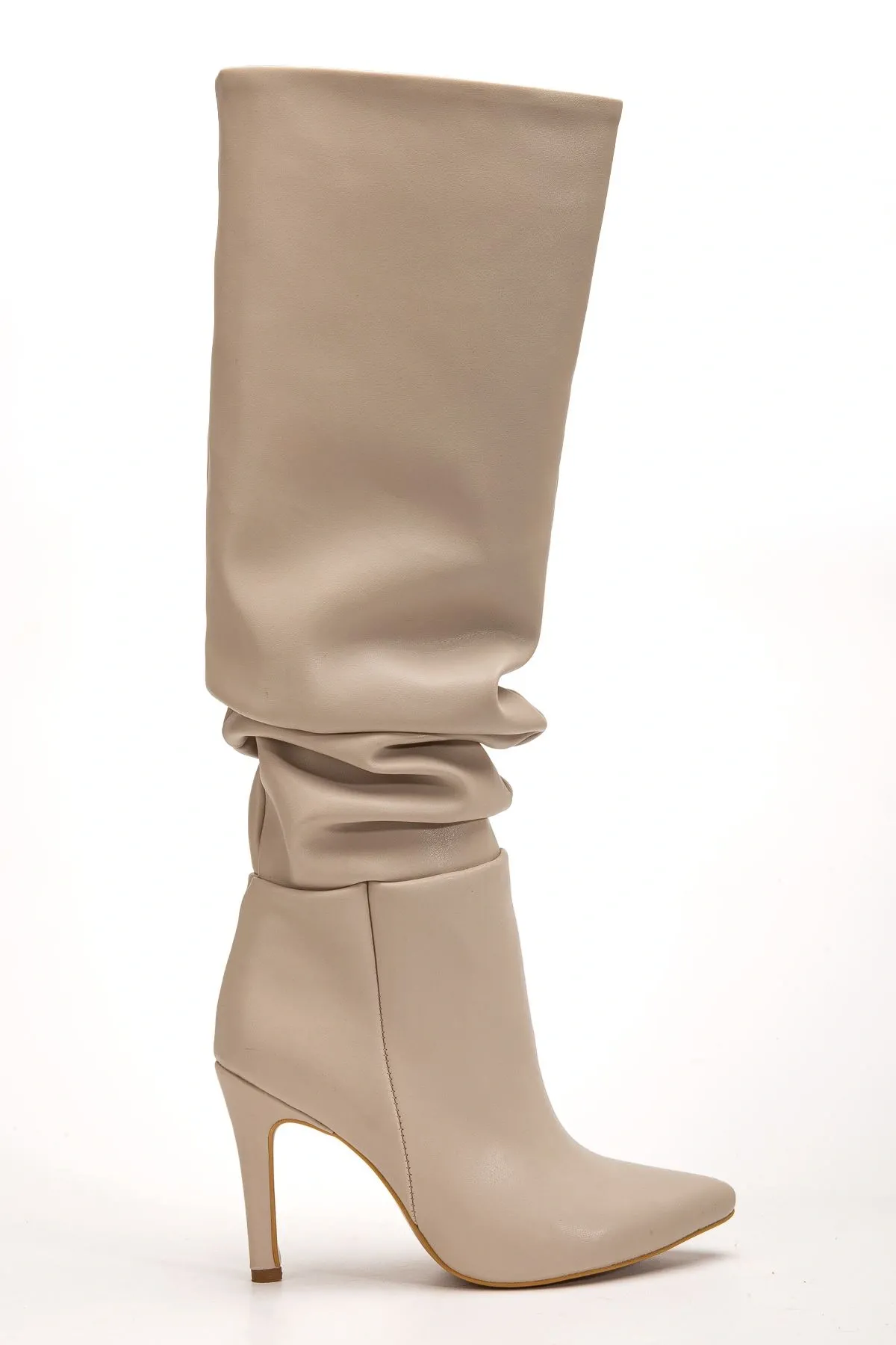 Syt-2003 Bej Körüklü İnce Topuklu Günlük Bayan Çizme