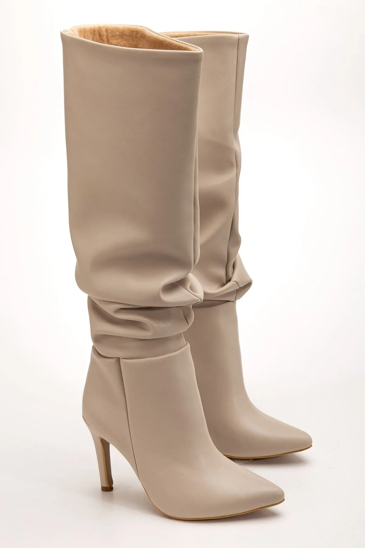 Syt-2003 Bej Körüklü İnce Topuklu Günlük Bayan Çizme