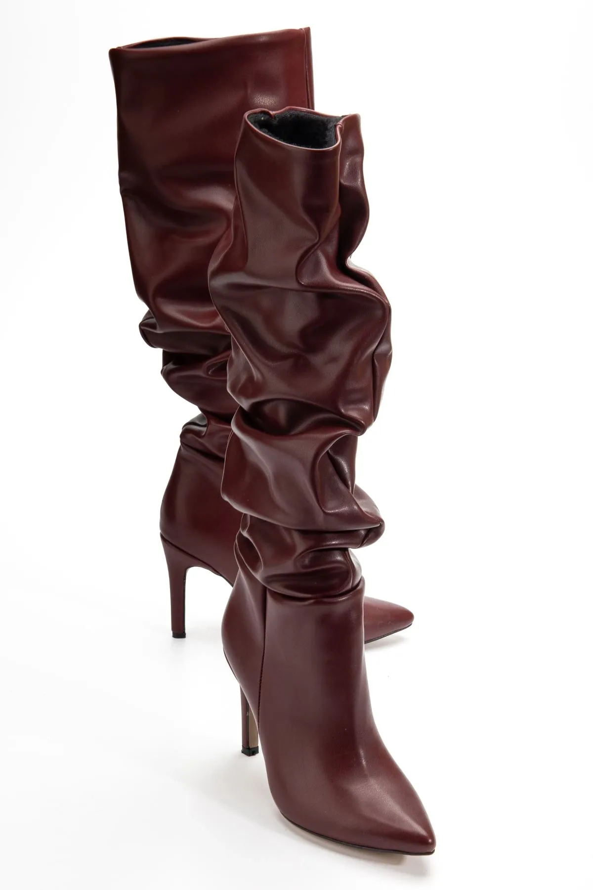 Syt-2003 Bordo Cilt Körüklü İnce Topuklu Günlük Bayan Çizme