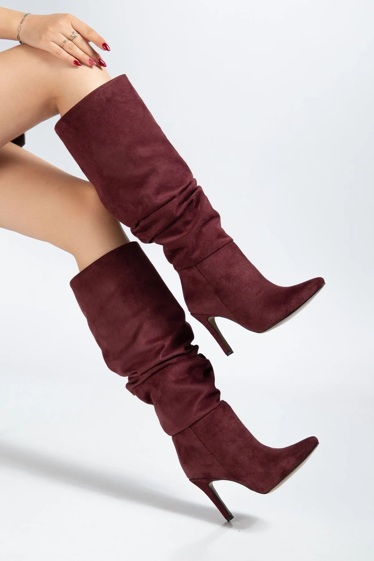Syt-2003 Bordo Süet Körüklü İnce Topuklu Günlük Bayan Çizme