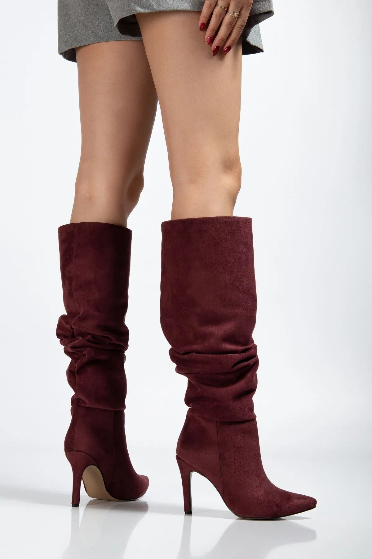 Syt-2003 Bordo Süet Körüklü İnce Topuklu Günlük Bayan Çizme