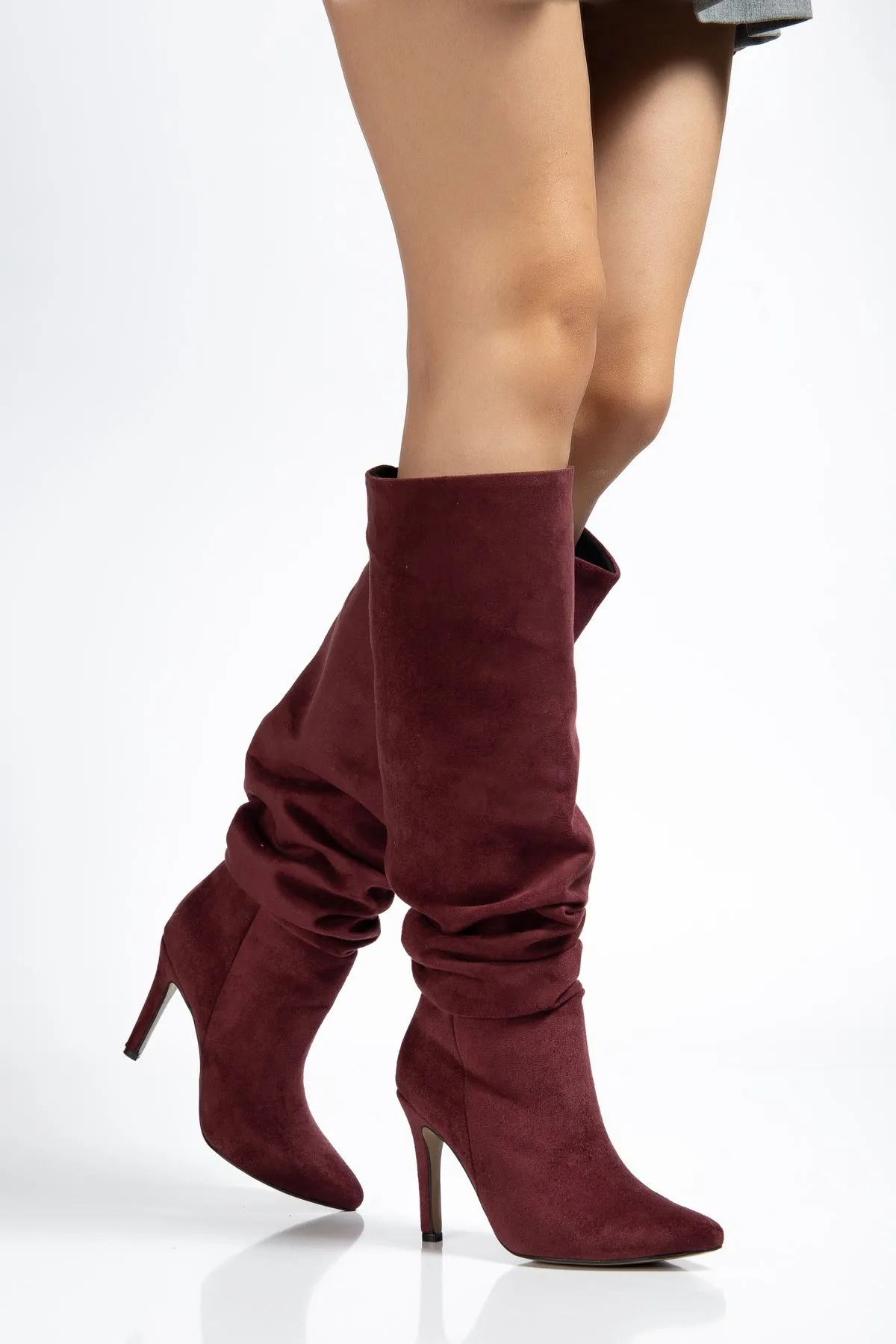 Syt-2003 Bordo Süet Körüklü İnce Topuklu Günlük Bayan Çizme