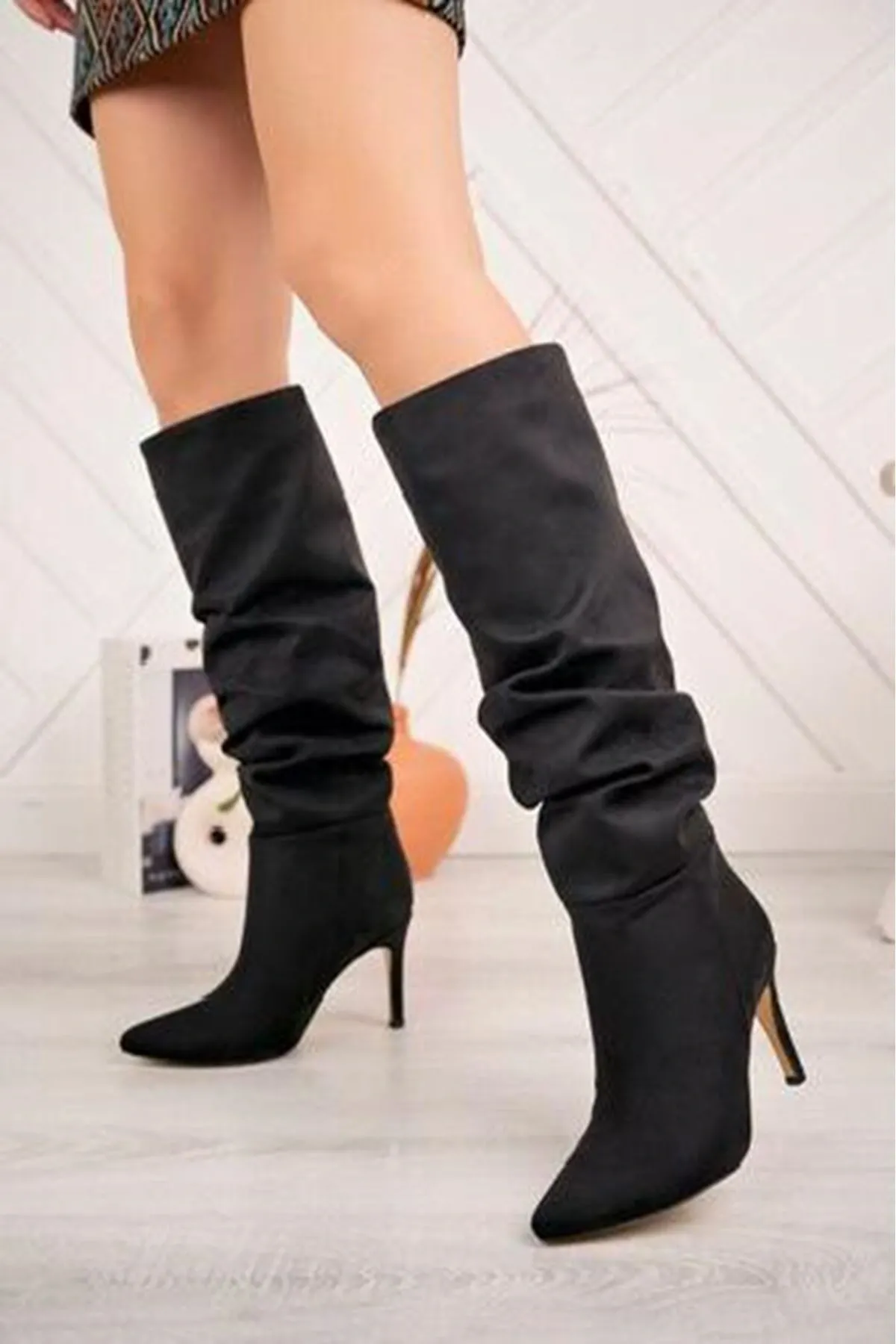 Syt-2003 Siyah Süet Körüklü İnce Topuklu Günlük Bayan Çizme