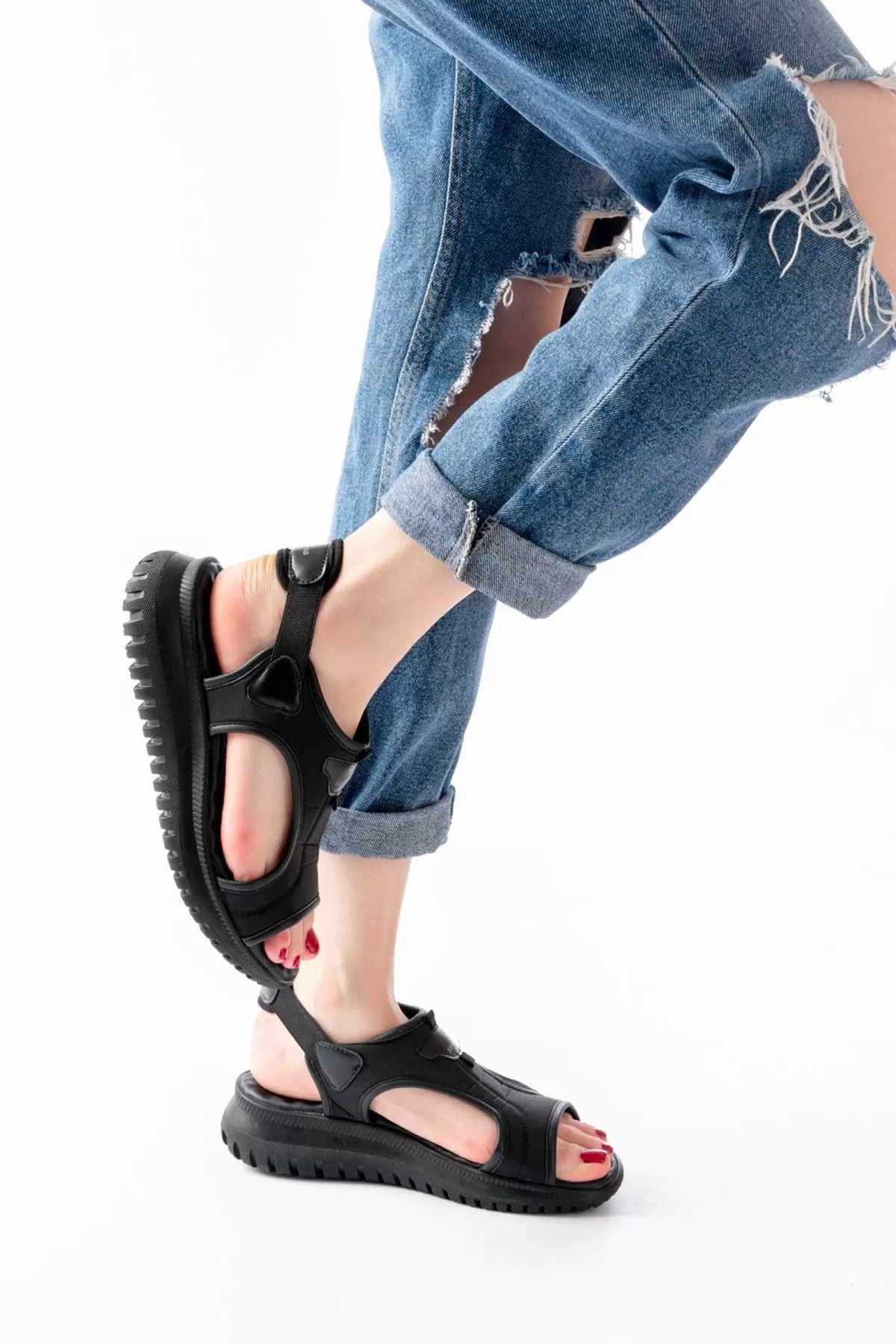 T-221 Siyah Spring Paraşüt Kumaş Lastikli Ortopedik Kadın Sandalet