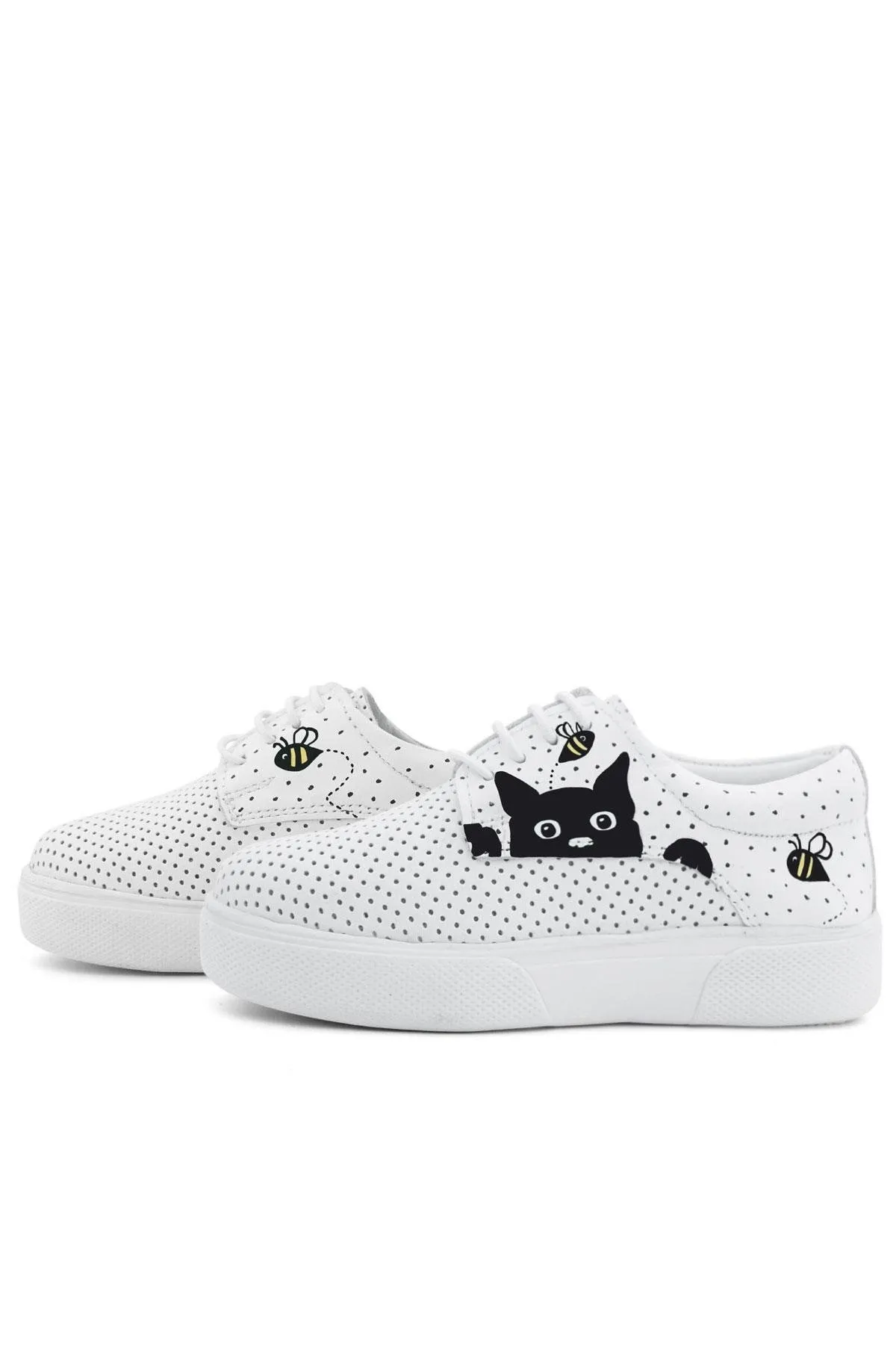 Tbons Özel Tasarım Hakiki Deri Beyaz Lastikli Çocuk Günlük Ayakkabı