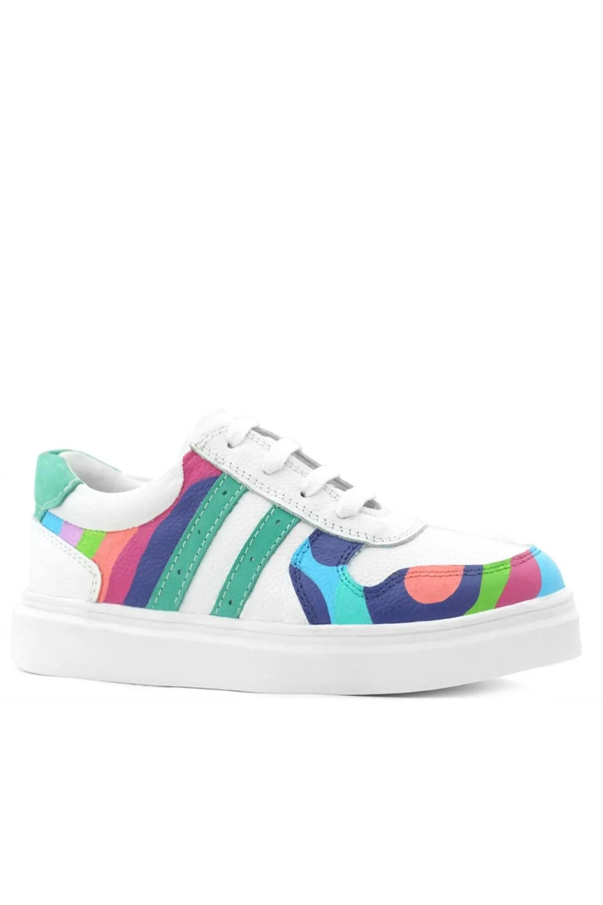 Tbons Özel Tasarım Hakiki Deri Beyaz Yeşil Bağcıklı Fermuarlı Çocuk Sneaker