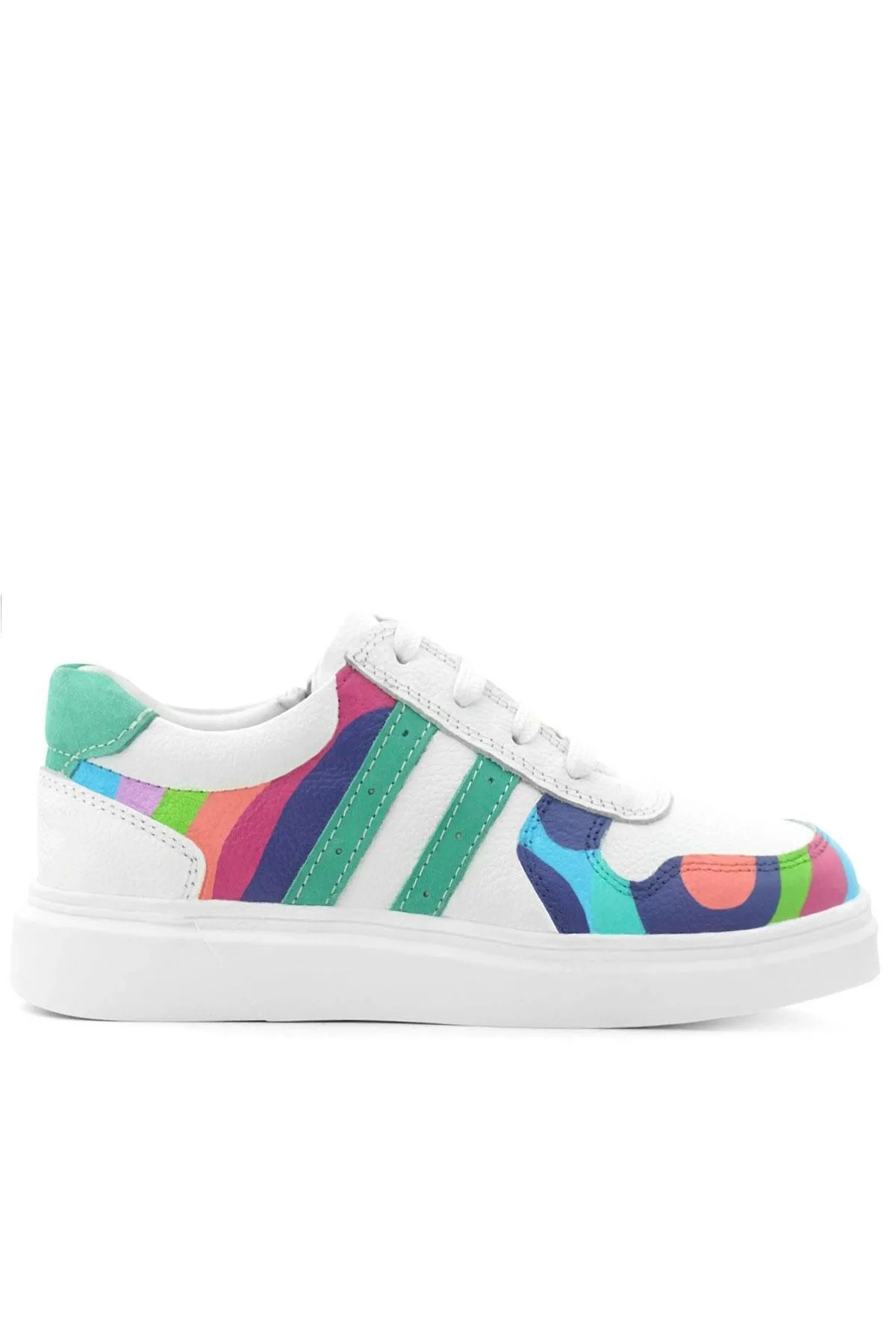 Tbons Özel Tasarım Hakiki Deri Beyaz Yeşil Bağcıklı Fermuarlı Çocuk Sneaker