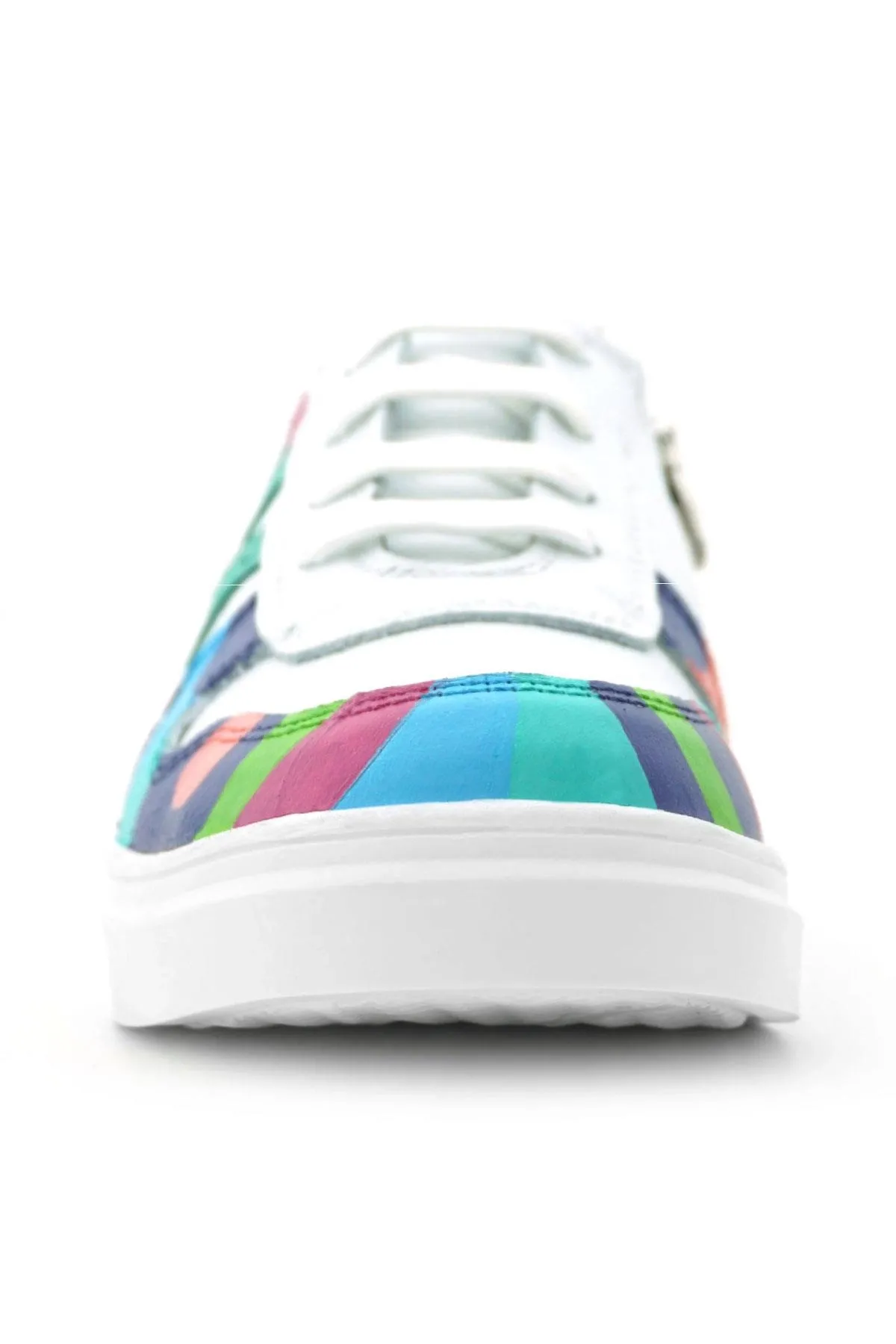 Tbons Özel Tasarım Hakiki Deri Beyaz Yeşil Bağcıklı Fermuarlı Çocuk Sneaker