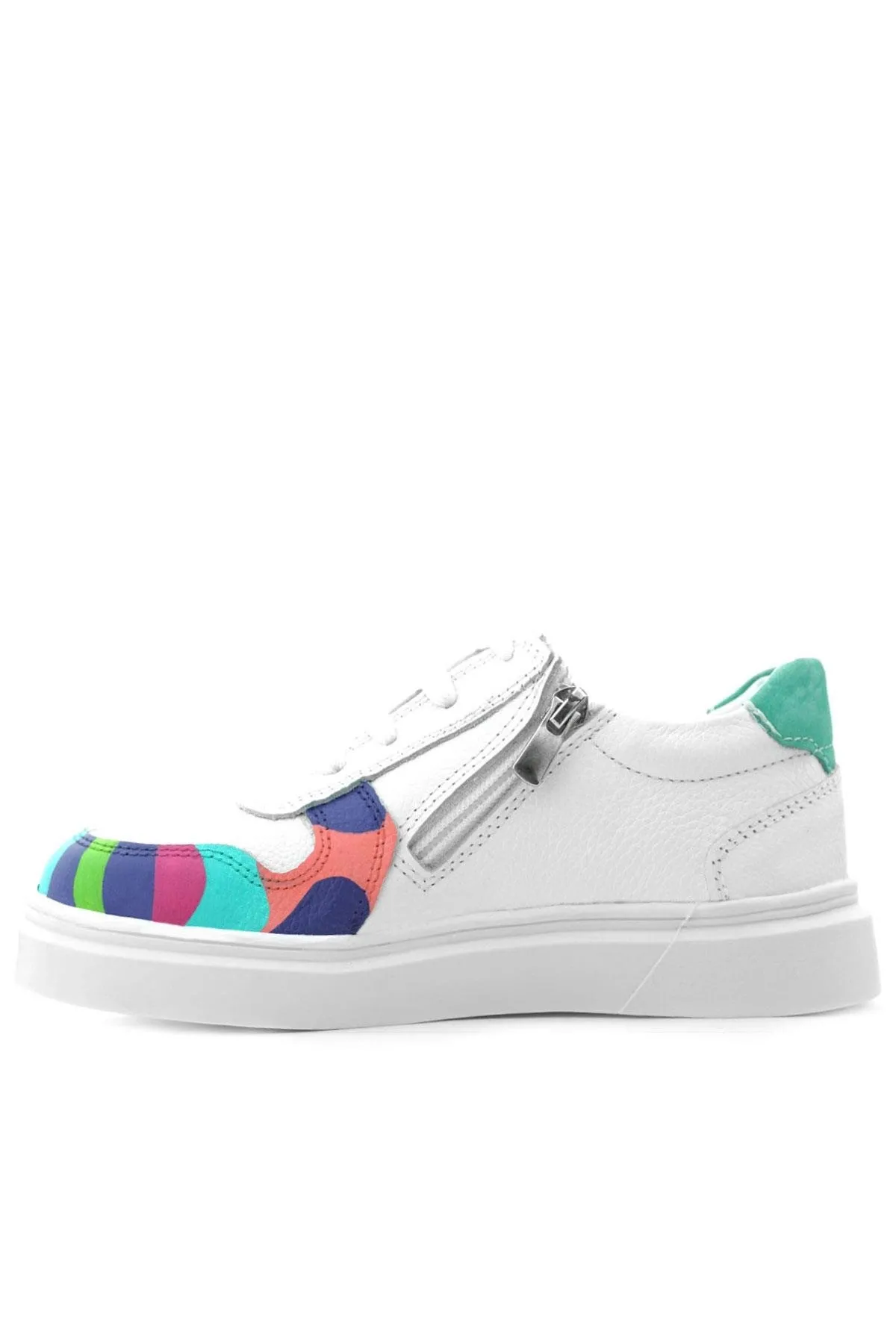 Tbons Özel Tasarım Hakiki Deri Beyaz Yeşil Bağcıklı Fermuarlı Çocuk Sneaker