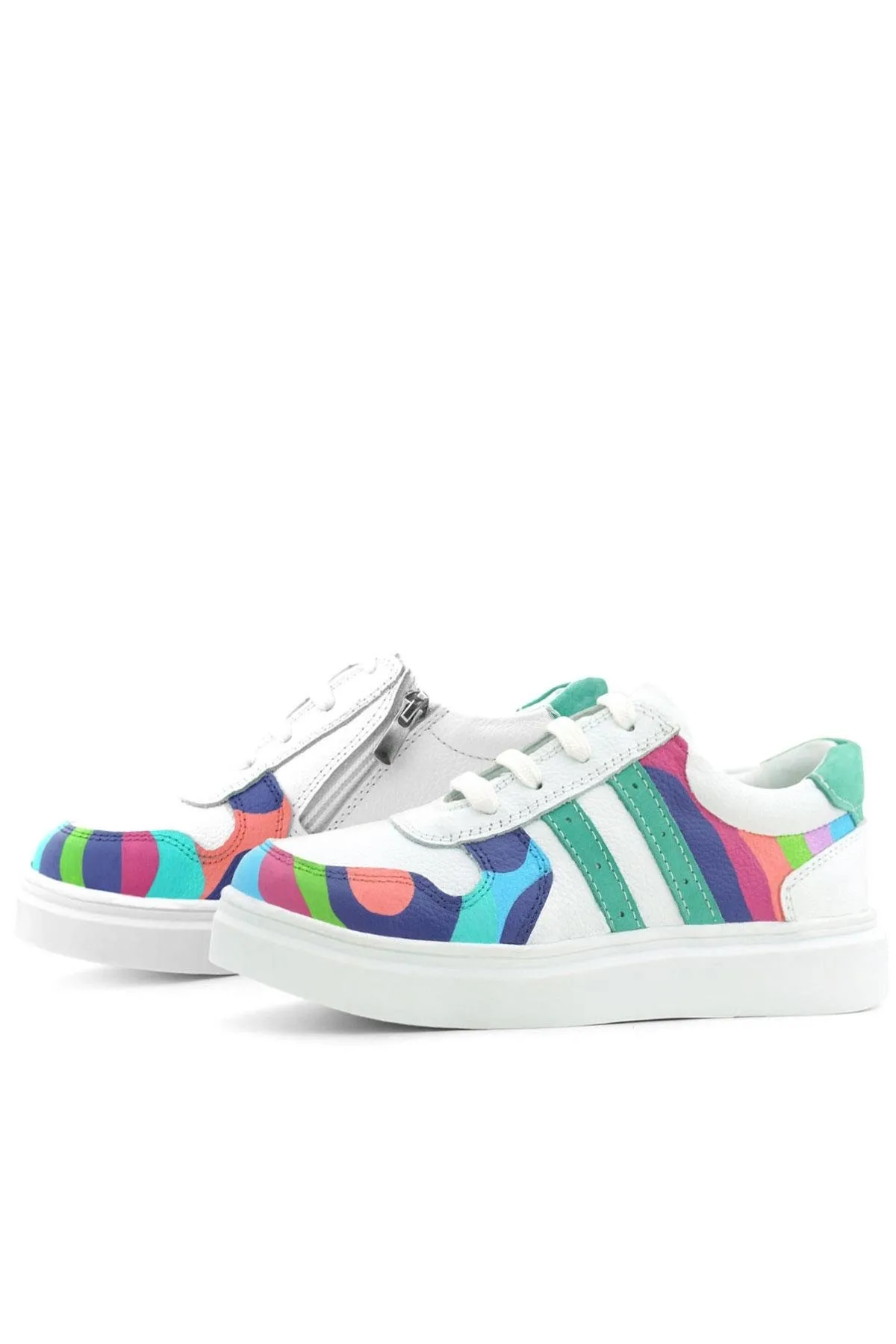 Tbons Özel Tasarım Hakiki Deri Beyaz Yeşil Bağcıklı Fermuarlı Çocuk Sneaker