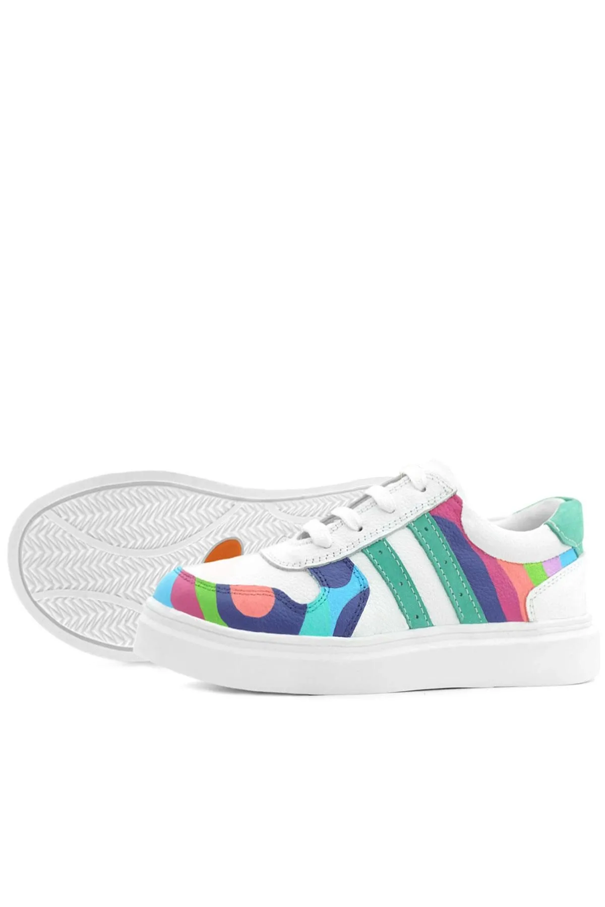 Tbons Özel Tasarım Hakiki Deri Beyaz Yeşil Bağcıklı Fermuarlı Çocuk Sneaker