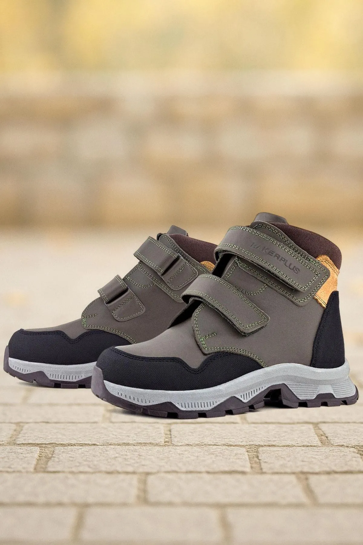 Trekking Hakiki Deri Haki Yeşil Sarı Cırt Cırtlı Erkek Çocuk Bot