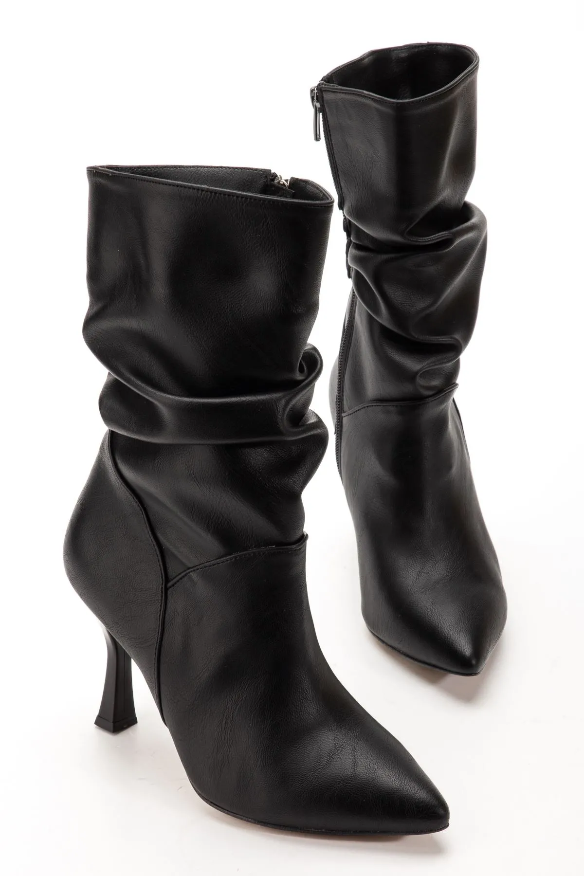 Vrt-024 Siyah Yüksek İnce Topuklu Körüklü Fermuarlı  Kadın Bot