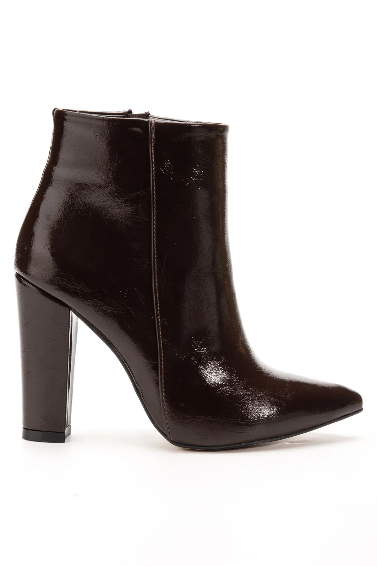 Vrt-4801  Kahve Kırışık Rugan Yüksek Kalın Topuklu Fermuarlı Kadın Bot