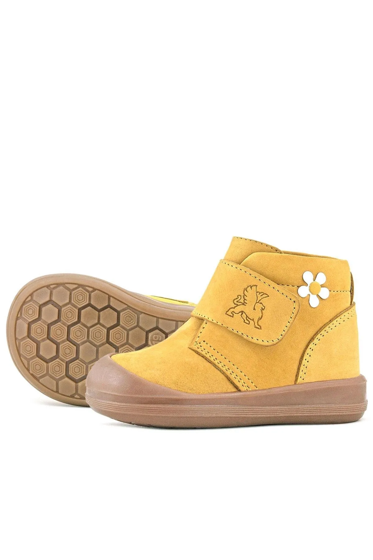 Yoohoo Hakiki Deri Sarı Cırtlı Papatya Detaylı Unisex Bebek Bot